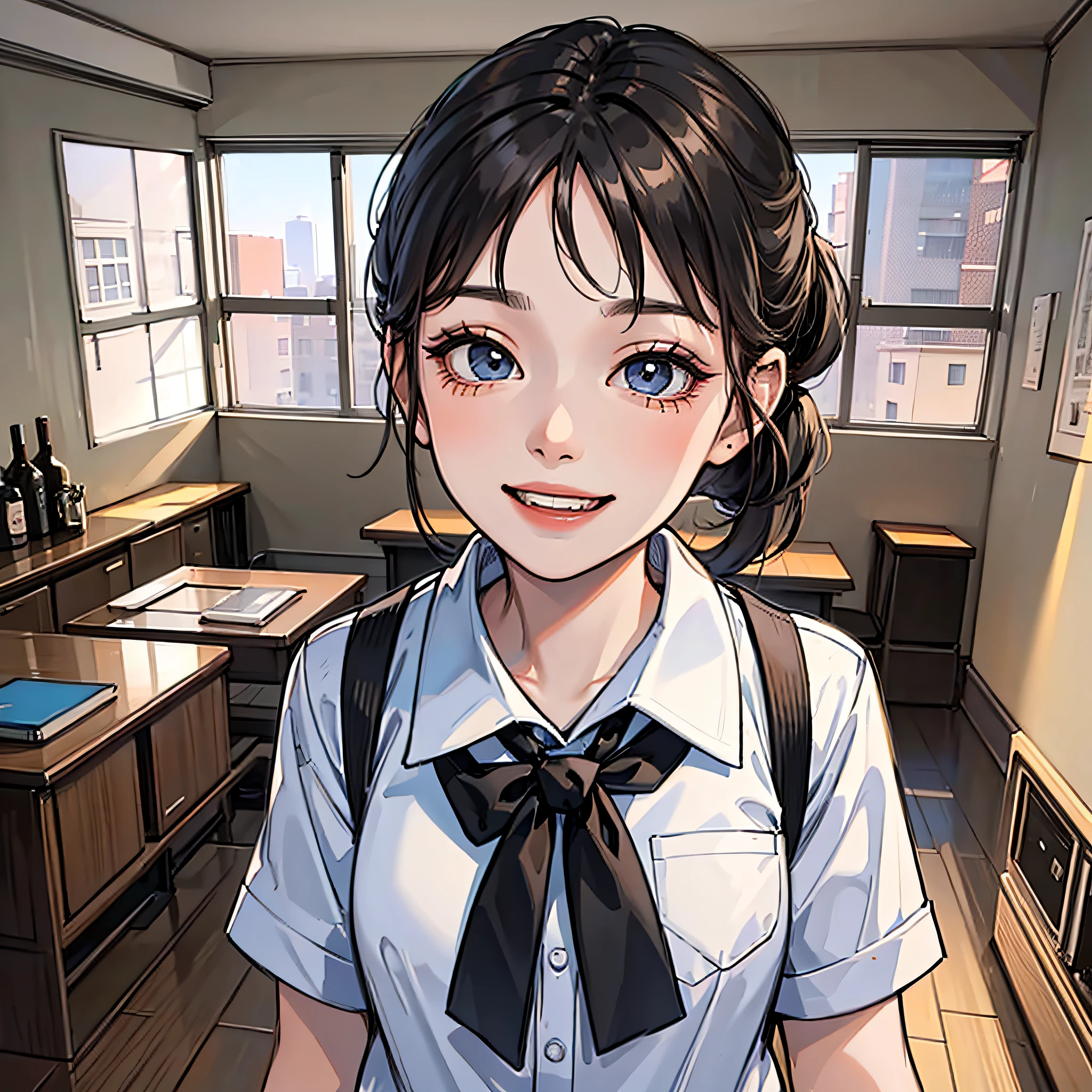 A little girl with a black ponytail, wearing a white school uniform, standing in the living room, happy expression, close-up