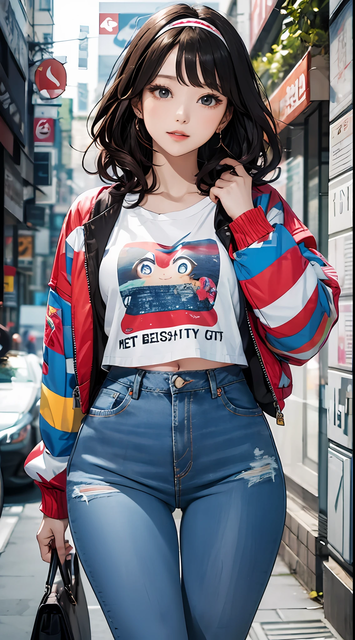 (masterpiece, best quality), beautiful woman, cute printed cropped shirt, jacket, jeans, short wavy hair, headband, asymmetrical bangs, perfect face, beautiful face, alluring, big gorgeous eyes, soft smile, perfect slim fit body, city streets, seoul, bright colors