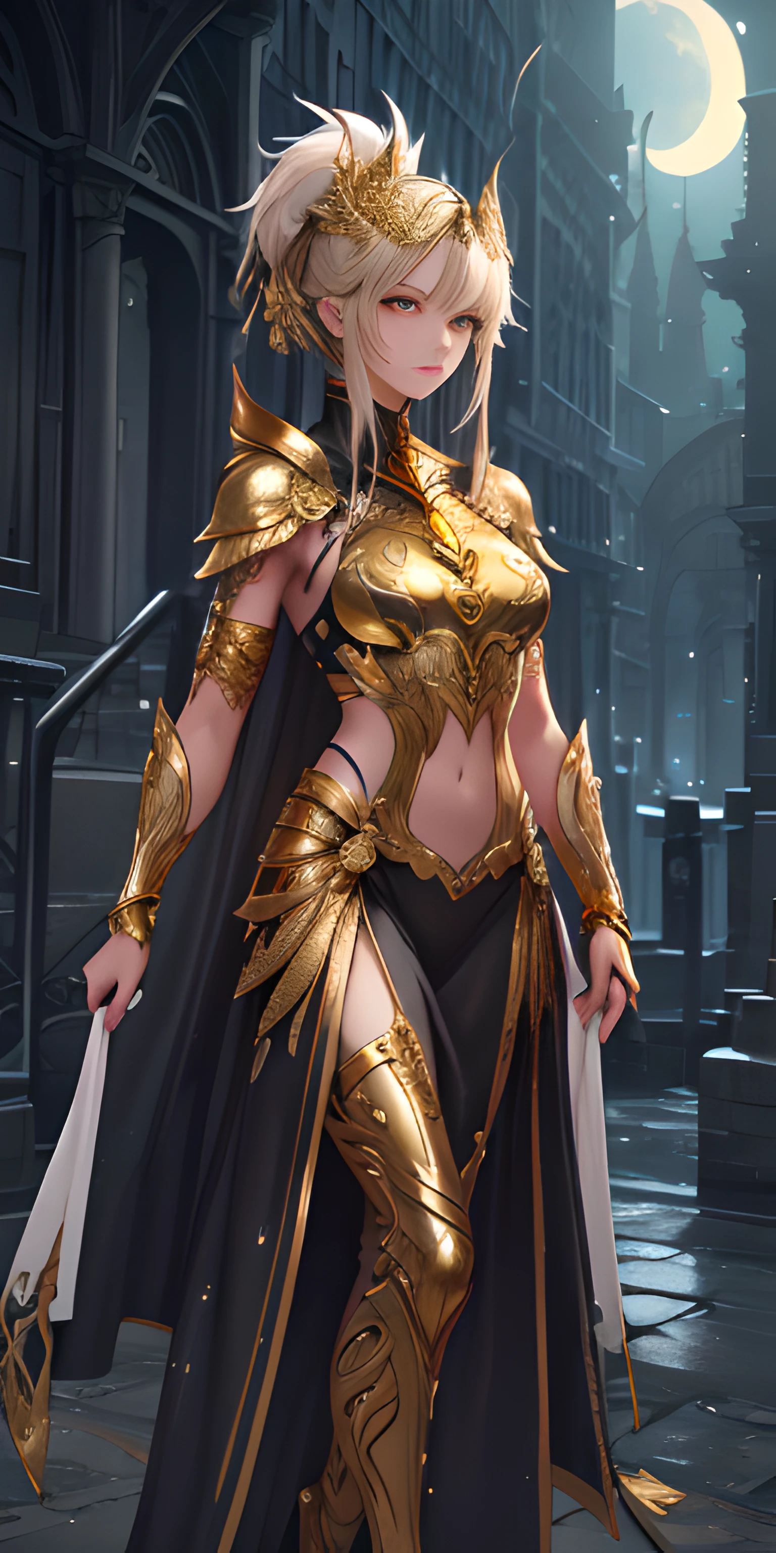 1 black girl in full dress coat of mail, with perfect body: 1.4, Slim abdomen: 1.3 , Moonlight highlights your muscles and scars. The scenery is lush and mysterious, with futuristic tech and surroundings. The camera details everything, a warrior woman, (gold smooth texture skin:1.5), gold coat of mail texture full body, This official art Unreal 8k wallpaper is a super detailed, beautiful and aesthetic masterpiece, the best quality, beautiful face, lotus