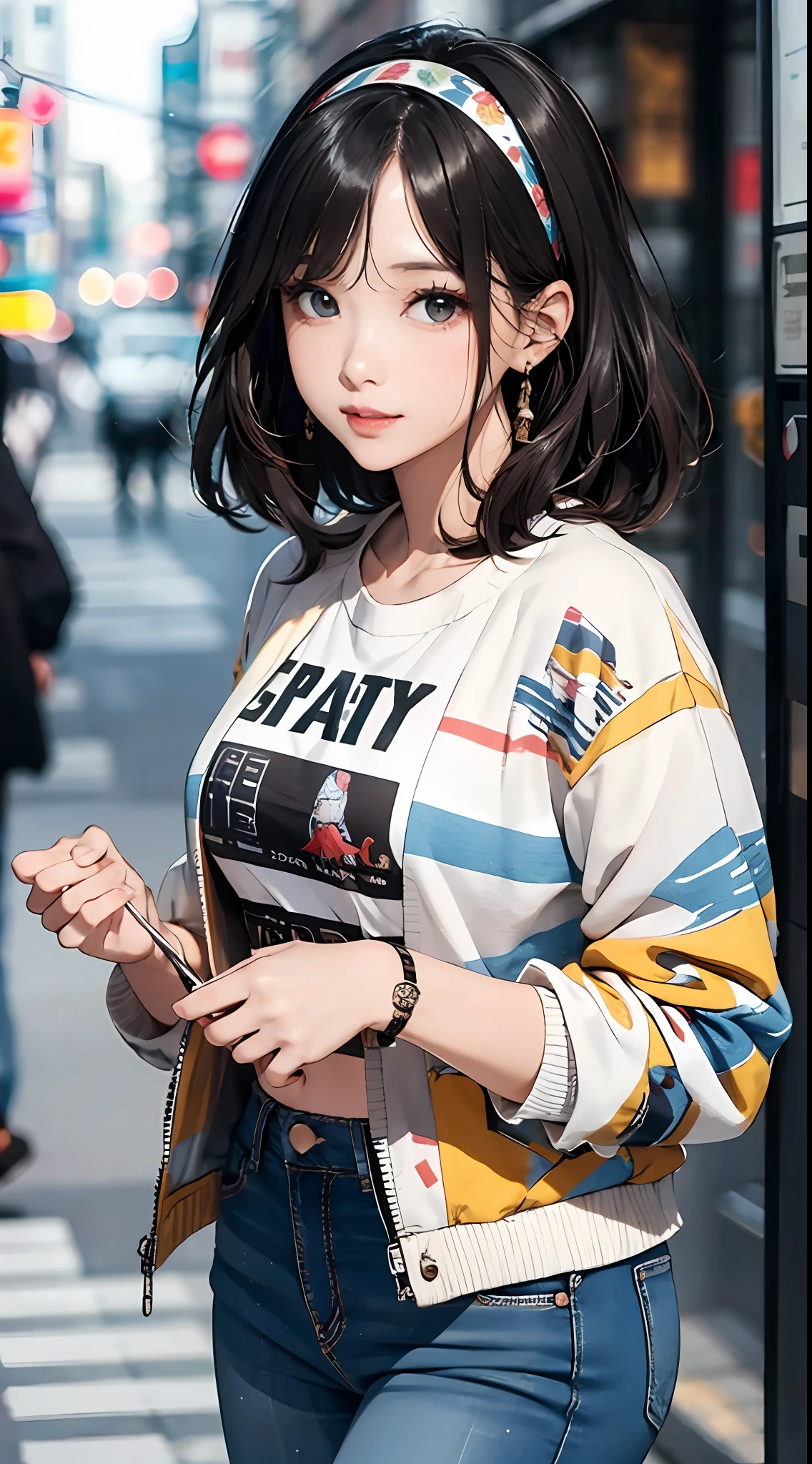 (masterpiece, best quality), beautiful woman, cute printed cropped shirt, jacket, jeans, short wavy hair, headband, asymmetrical bangs, perfect face, beautiful face, alluring, big gorgeous eyes, soft smile, perfect slim fit body, city streets, seoul, bright colors