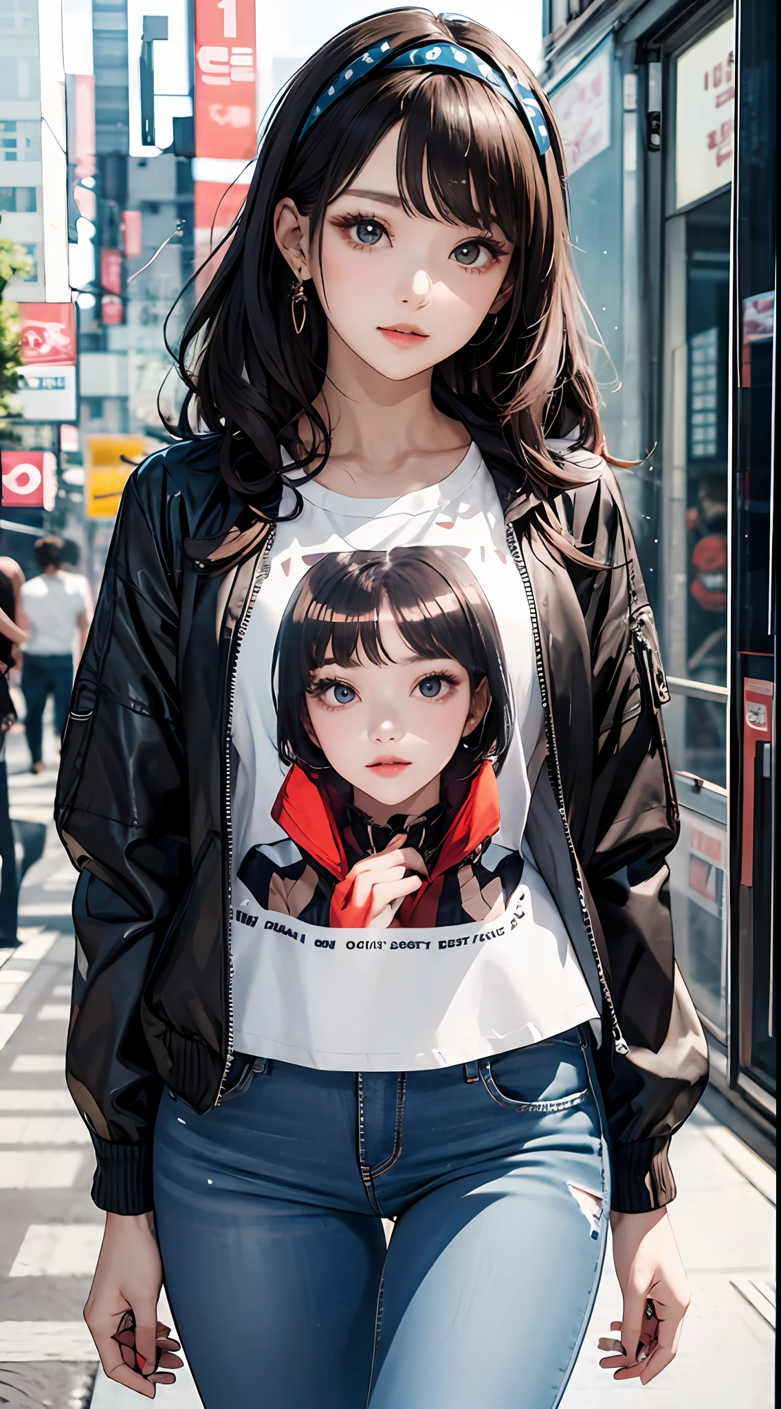 (masterpiece, best quality), beautiful woman, cute printed cropped shirt, jacket, jeans, short wavy hair, headband, asymmetrical bangs, perfect face, beautiful face, alluring, big gorgeous eyes, soft smile, perfect slim fit body, city streets, seoul, bright colors