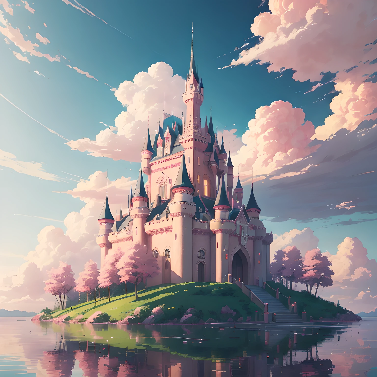 There is a pink castle surrounded by pink clouds, anime lush rose 8k ocean, anime art wallpaper 4k, anime art wallpaper 4k, anime art wallpaper 8k, anime background art, anime wallpaper 4k, anime wallpaper 4k, anime beautiful peace scene, beautiful anime landscape, 4k anime wallpaper, anime nature wallpaper --auto