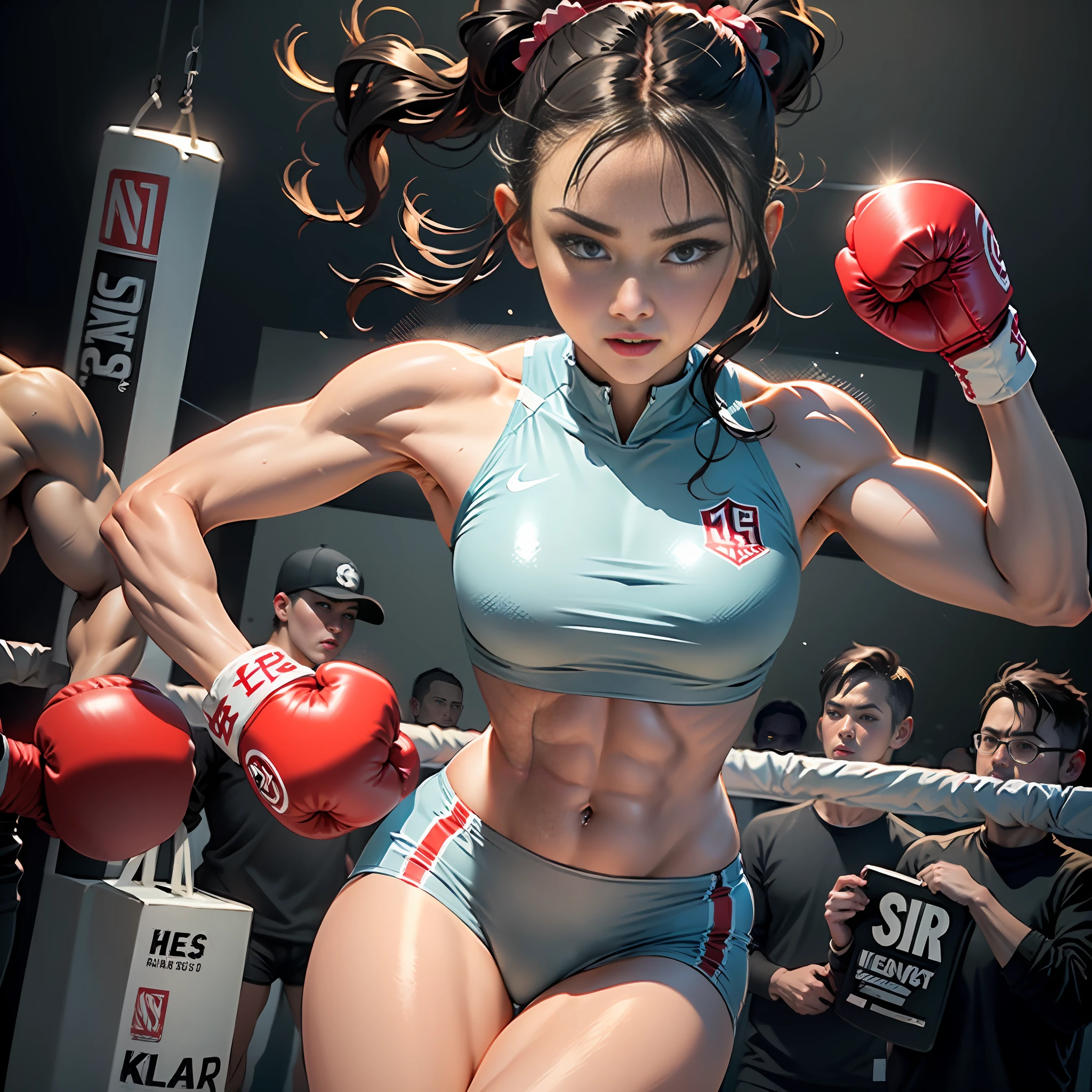 masterpiece,1Beautiful girl, detailed defined body , boxing uniform,small head,detailed big eyes,large breasts,narrow waist,tone abs,dynamic pose,boxing venue,cinematic light,