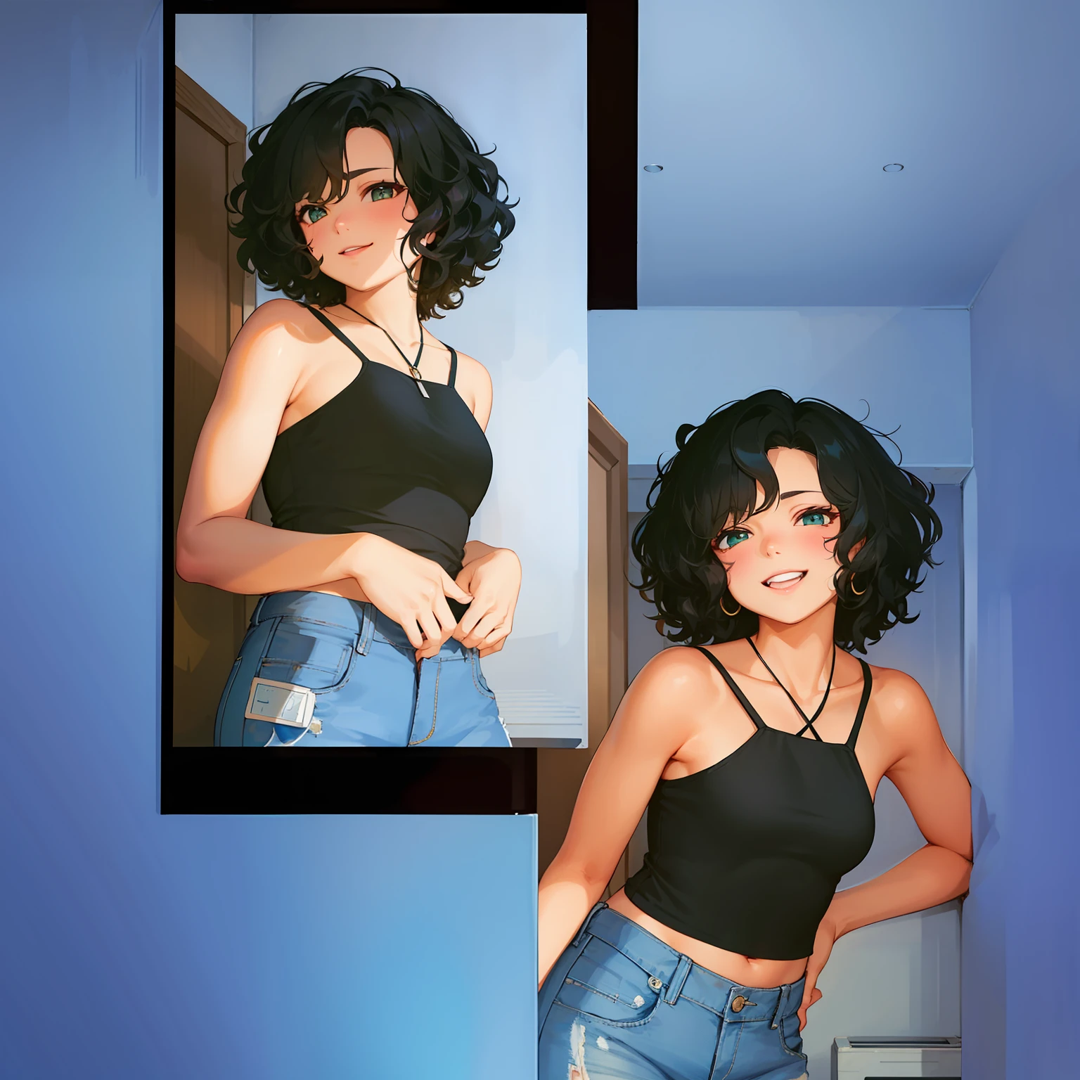 there is a light ebony latino woman with a black top and blue jeans, wearing a black cropped tank top, wearing a cropped black tank top, wearing a sexy cropped top, dark short curly hair smiling, (dark shorter curly hair), edited in photoshop, curly and short top hair, short black curly hair, wearing a cropped tops, tessa thompson inspired, wearing black camisole outfit. Medium size tits, nsfw, +18, anime art, doujin hentai.