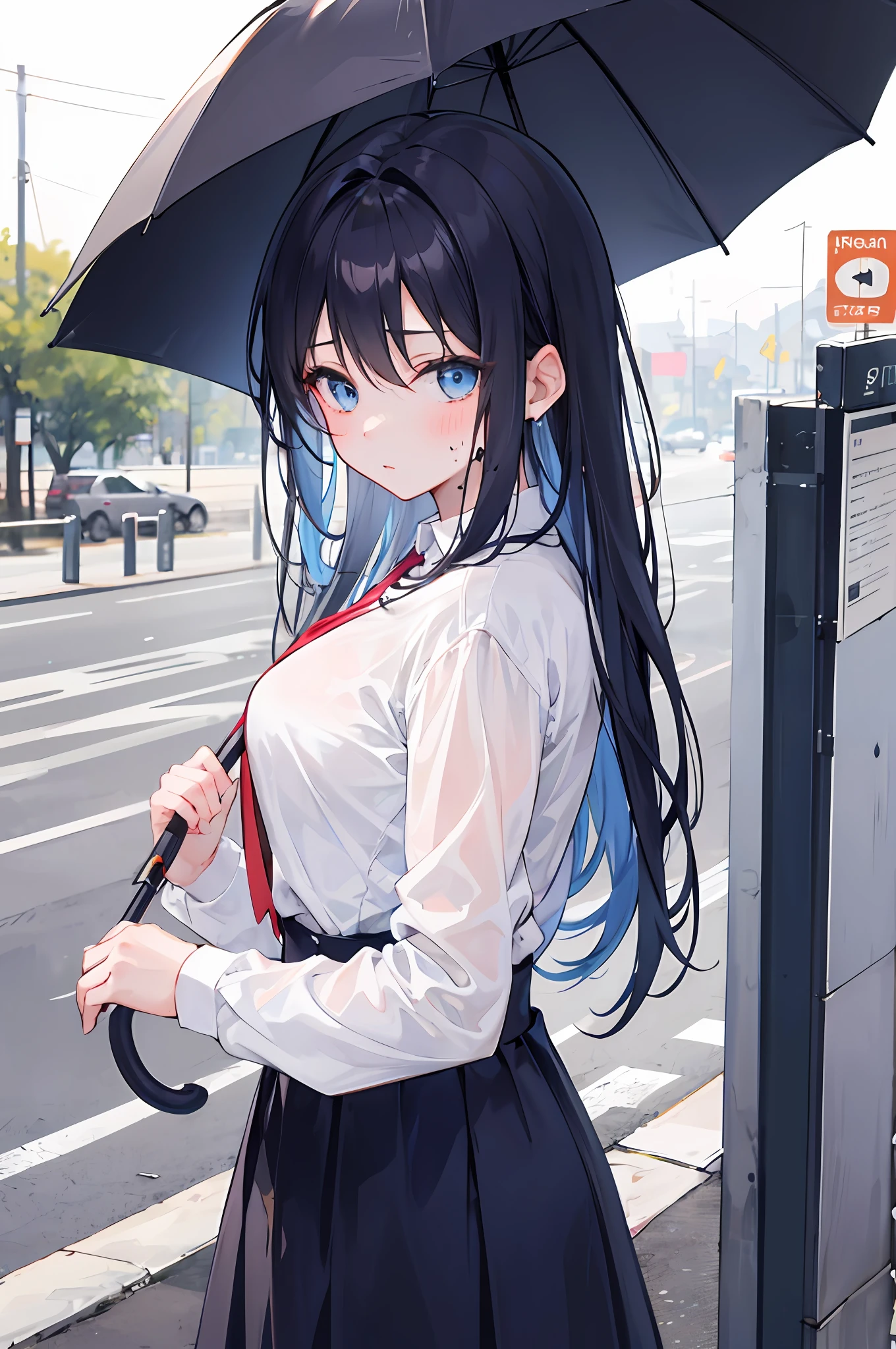 (1 girl: 1.1) ,,//, blue eyes, standing on the side of the road, sweaty, white shirt, umbrella