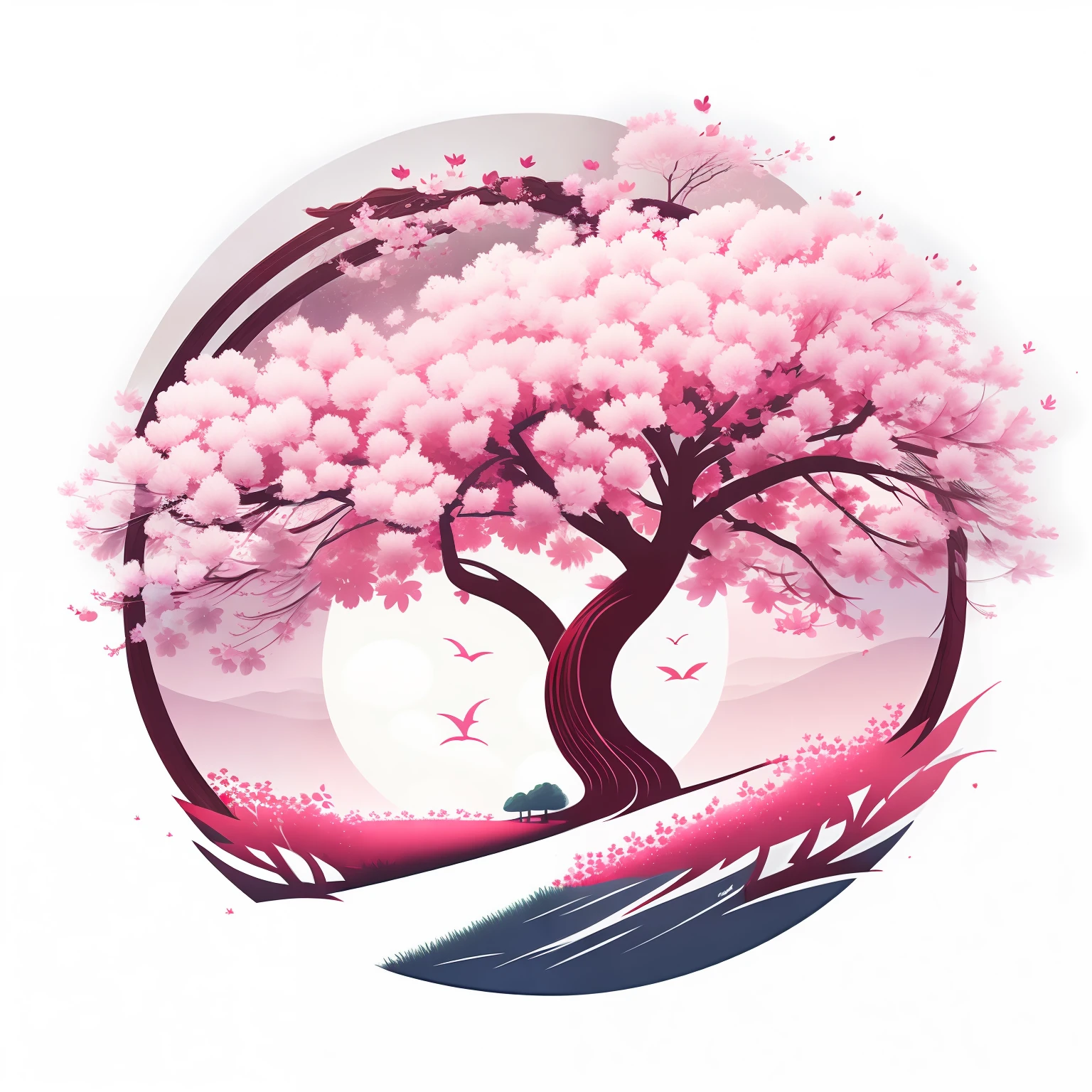 A cherry blossom tree in spring landscape, t-shirt design, rzminjourney, vector art, circular silhouette, white background