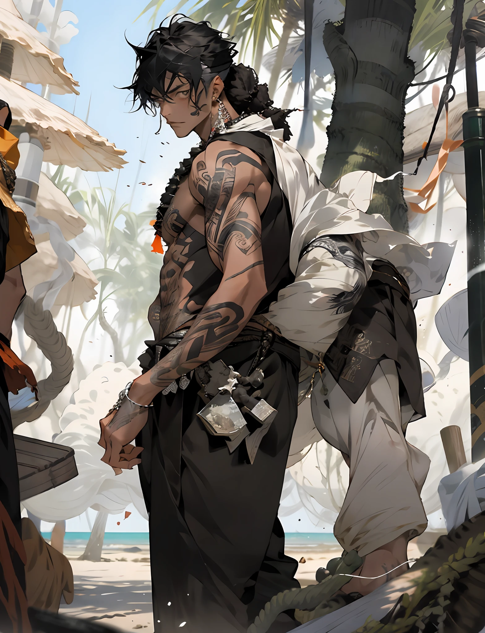 A man character,has a whole arm closed tribal style tattoo,black with dreads in his hair,hippie clothes,walking towards the viewer,he is on a beach.