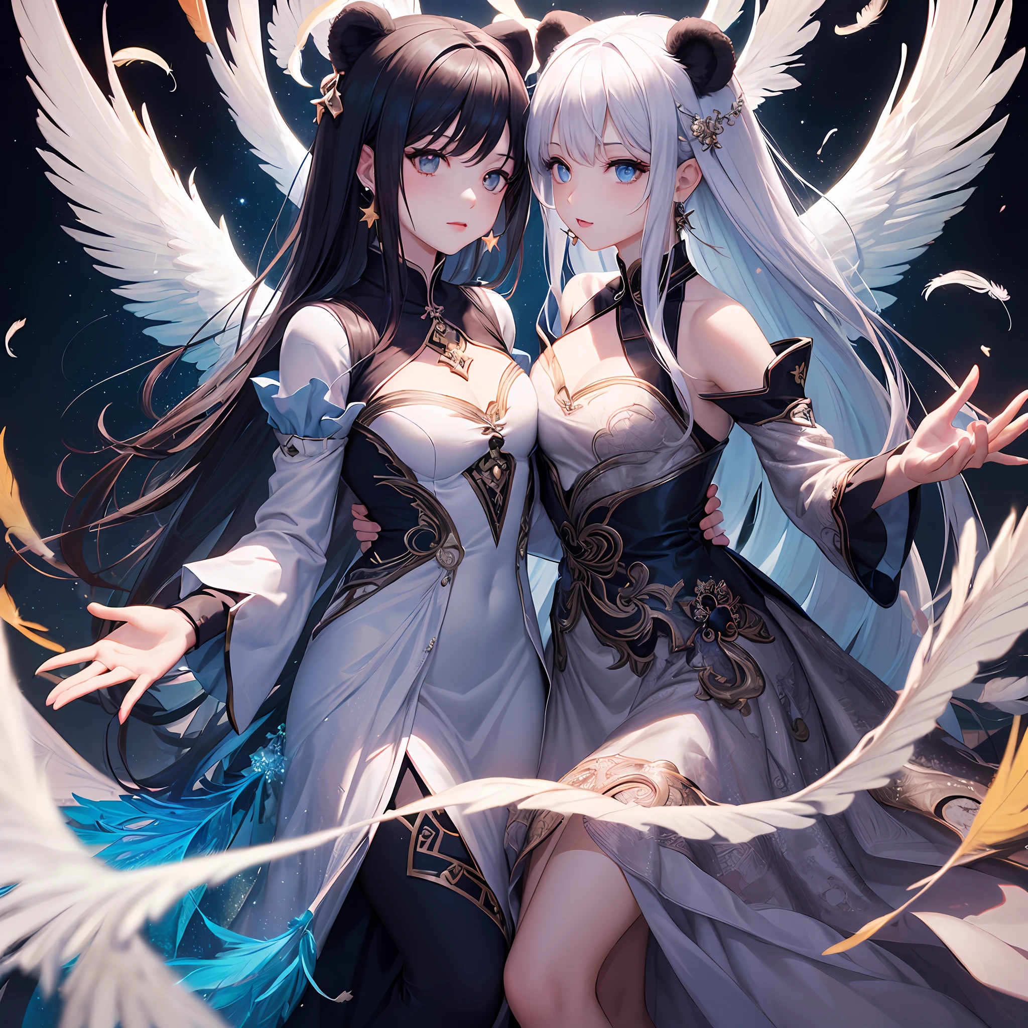 (Masterpiece, Top Quality, Best Quality, Official Art, Beautiful and Aesthetic, (1.2), (1 Girls: 1.3), Very Detailed, White (Fractal Art: 1.1), (Bouquet: 1.3), Supreme Detail, (Zentangle: 1.2), (Dynamic Pose), (Abstract Background: 1.3), (Shiny Skin), (Many Colors: 1.4), (Earrings), (Feathers: 1.5), (Magic Effects: 1.3), star, long dress sleeve, long hair, wrapped in light, vivid background, phoenix dress, vivid eyes, panda ears, morning light