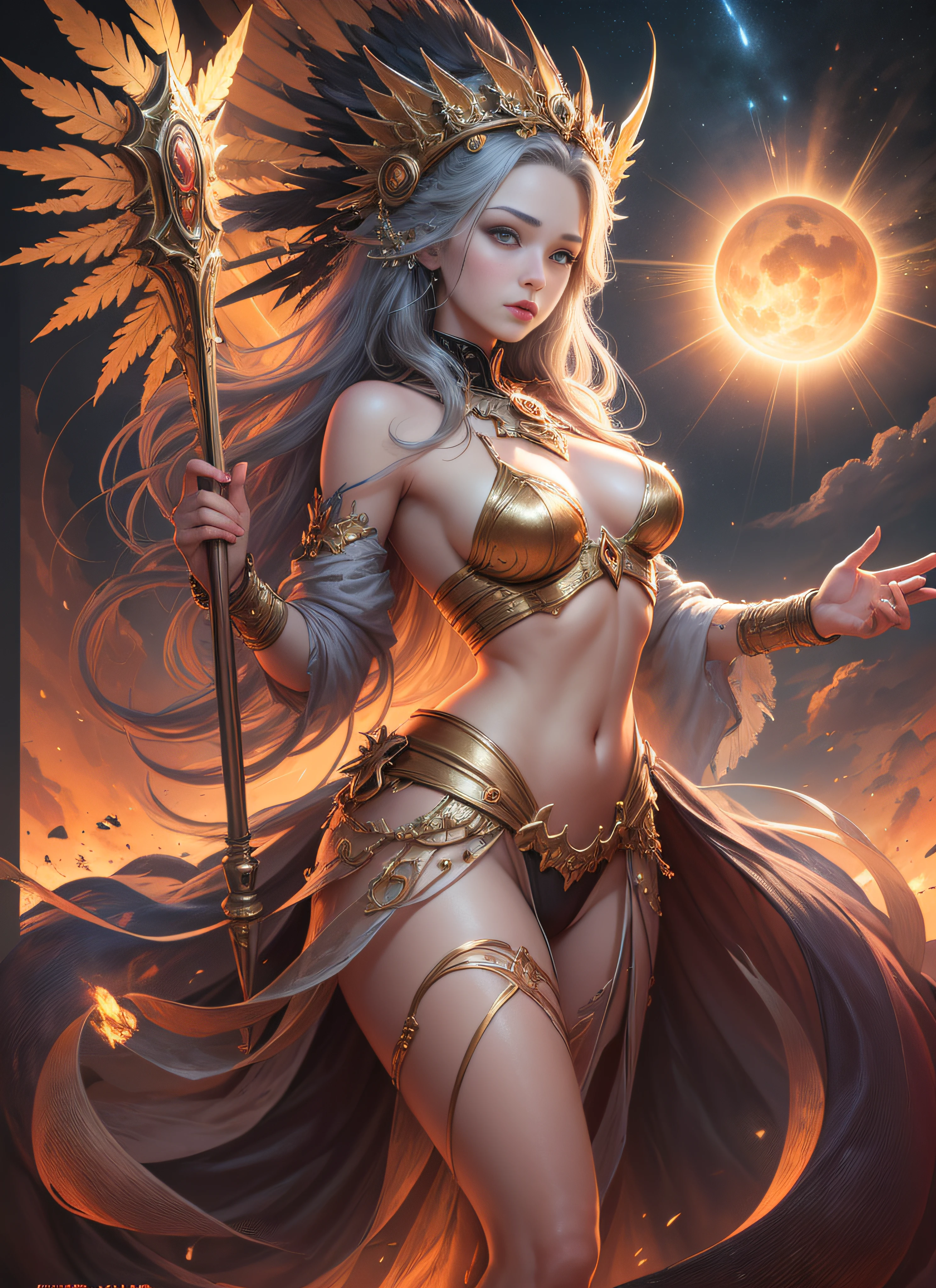 1girl, beautiful empress of the sun, detailed eyes, detailed face, detailed skin, mature body, tall body, seductive body, medium large chest, medium thigh, desert BREAK and pyramid bottoms, holding only a holy sun scepter, phoenix dragon in the sky, highly saturating sun rays, holy ceremony, angelic halo, dazzling golden and orange spark around, sacred magic circle,  golden crown, golden majestic lightning, best quality, masterpiece, trend in art station, BREAK, detailed, realistic, highly detailed digital art 8k, octane rendering, bioluminescent, concept art resolution BREAK 8K, realism, by studios Mappa, masterpiece, best quality, official art, illustration, ligne claire, (cool_color), perfect composition, absurdists, fantasy, focused, full body in attack pose, night sky with clouds,  full moon, 8k,