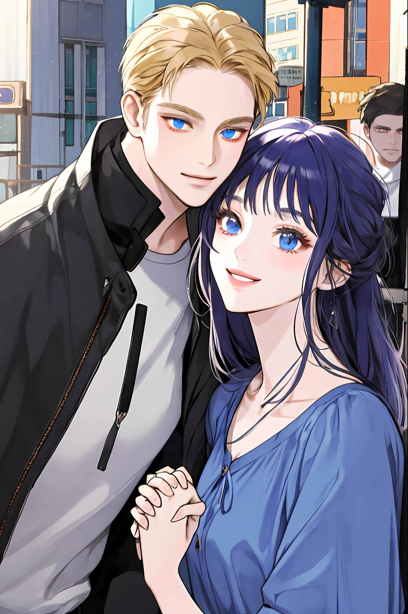 masterpiece, best quality, 2others, couple, 1man with 1woman, , adult, Height difference, different fashion, different color, finely detailed eyes and detailed face, intricate details, casual clothes, oversized shirt, modern urban street, holding hands, smile, happy, love, blonde hair man, dark blue hair, blue eyes man, purple eyes girl