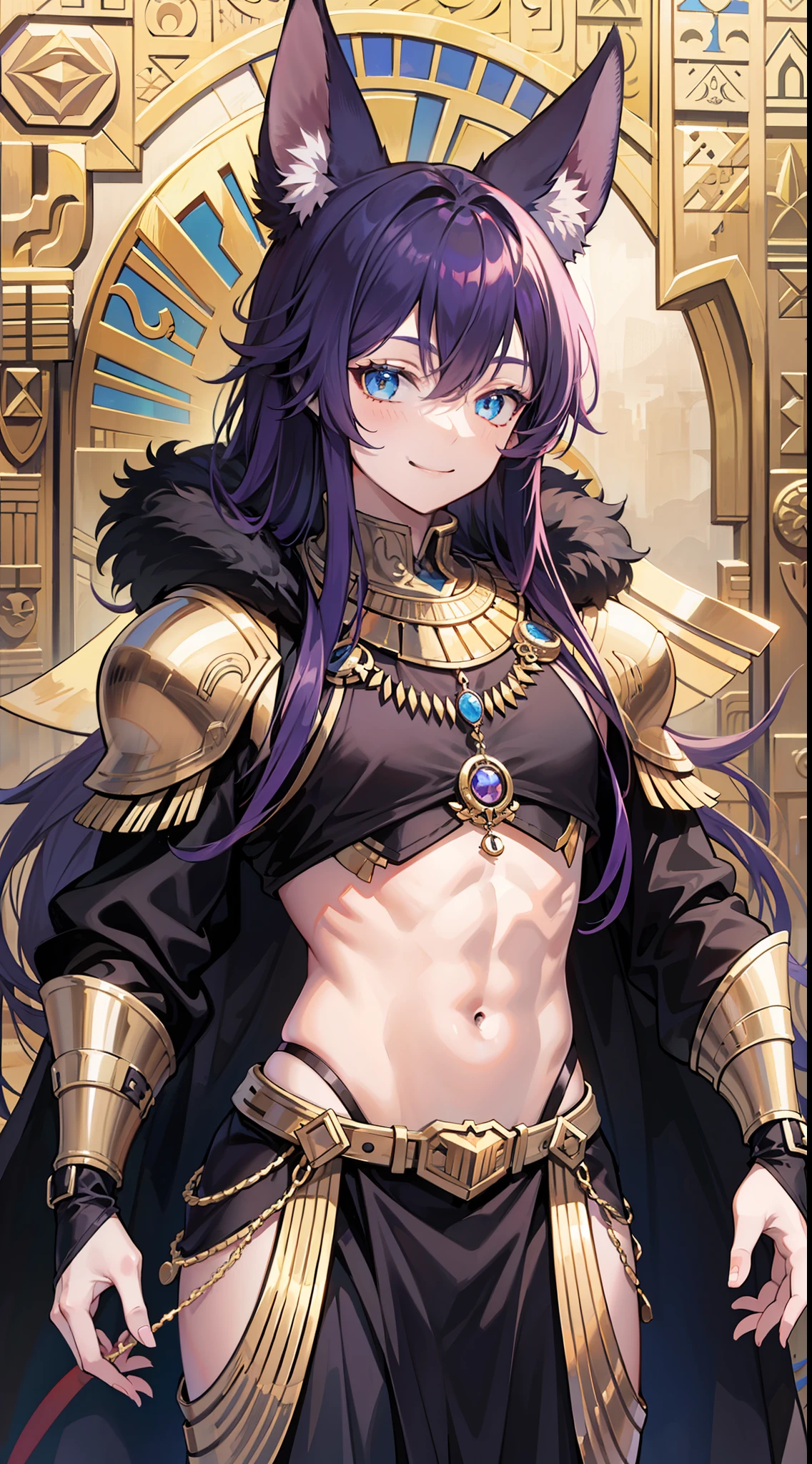 Young black boy, long purple hair, jackal ears, blue eyes, pharaoh's clothes, smile, open torso, masterpiece, high quality