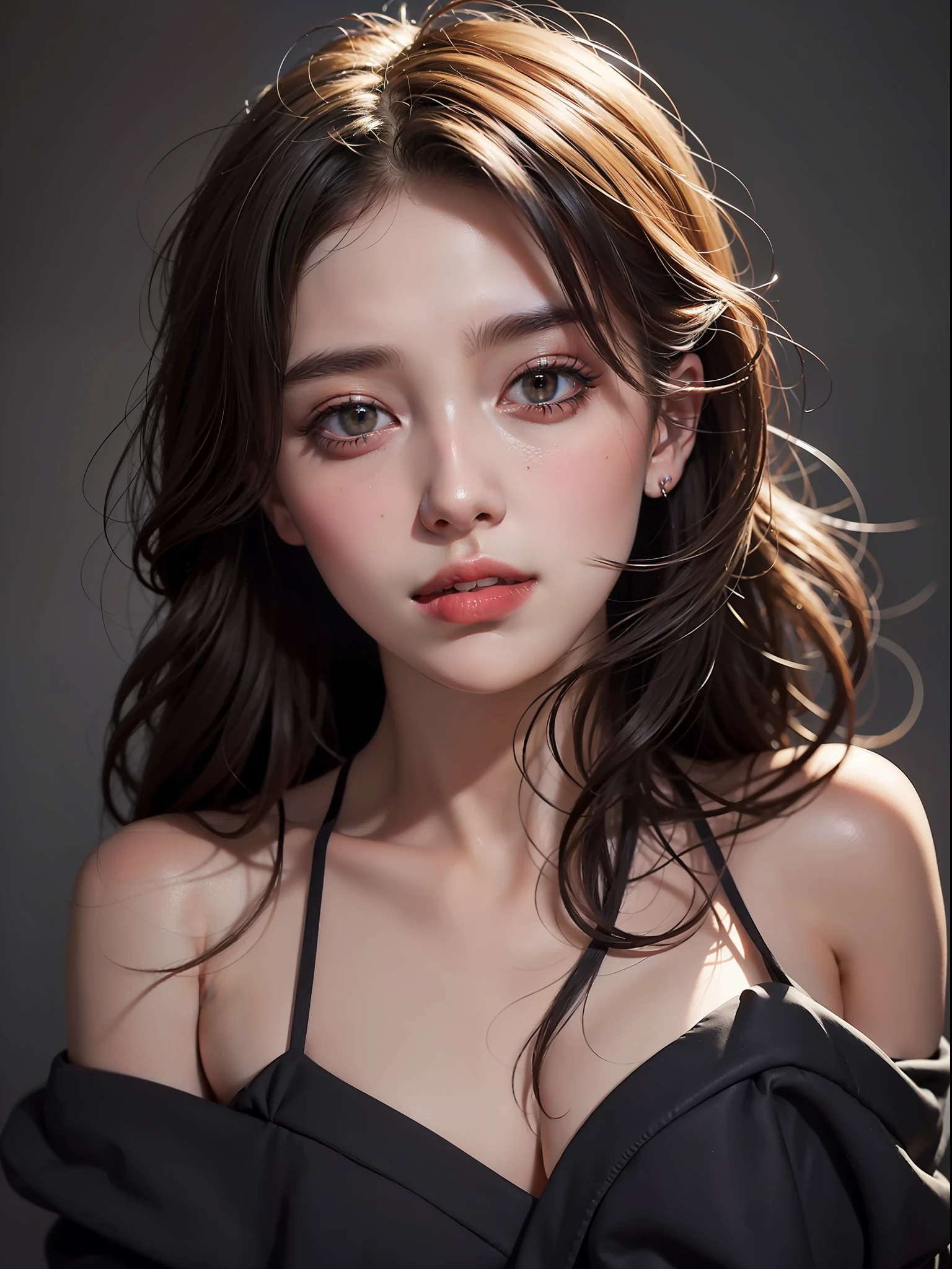 "Best quality, masterpiece, ultra high res, photorealistic (1.4), raw photo, 1girl, offshoulder, in the dark, deep shadow, low key, cold light."