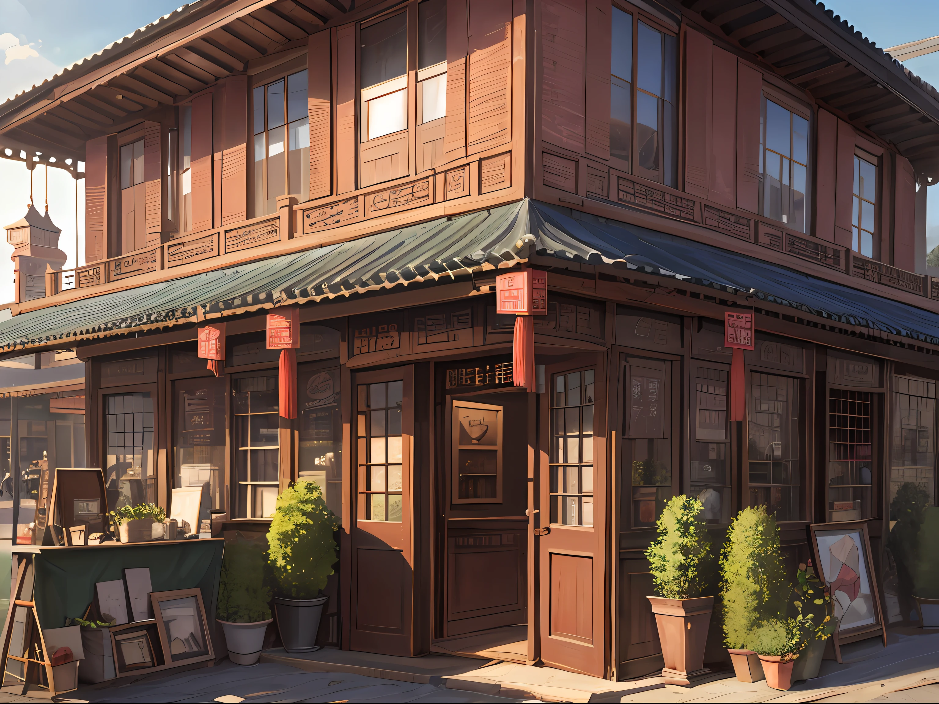 Antique Market, Antique Shop, Two-Story Building, Close-up, ((Super Realistic Details)), Chinese Style, Panorama, Global Illumination, 8K,