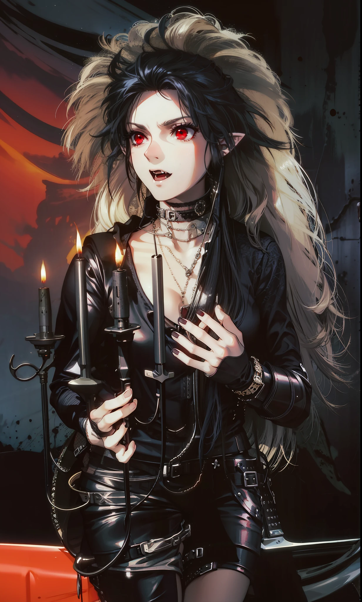Girl,pointy ears,red eyes,dressed in armor,vampire,4k, holding a guitar