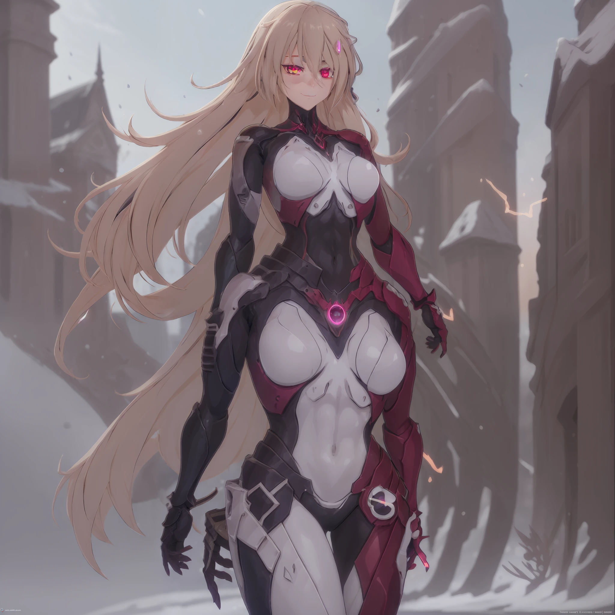 Nemesis\(tof\), anime, best quality, masterwork, ultra detailed face, ultra detailed eyes, glowing eyes with frost energy, (anime eyes), (large breast:0.6), adult, artstation, concept art, sharp focus, concept art, good contrast, good lighintg, glowing clothes, eyes shadow, (eyes looks in the middle, delicate smiling), full body