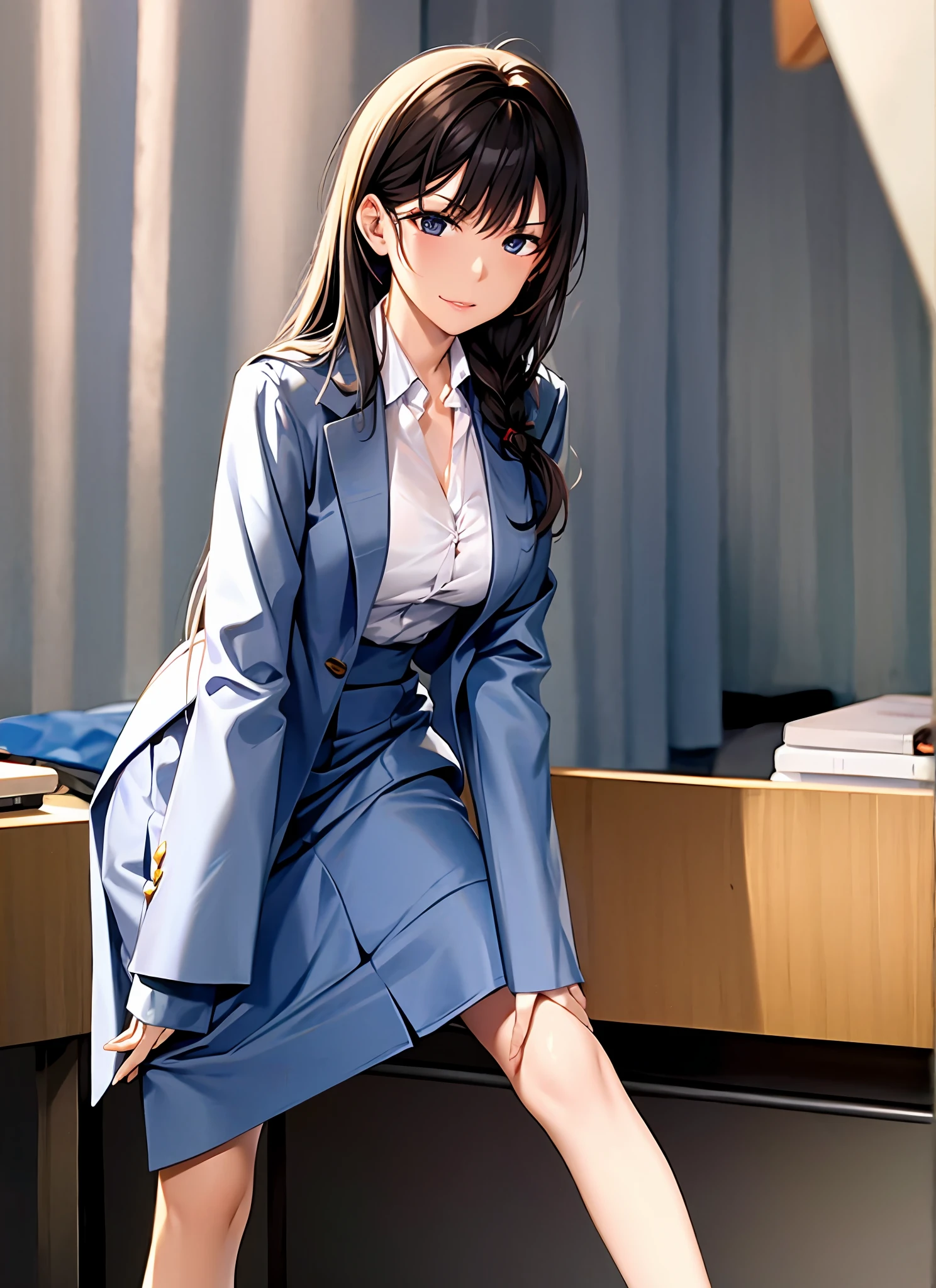 Japan woman taking off her uniform in office