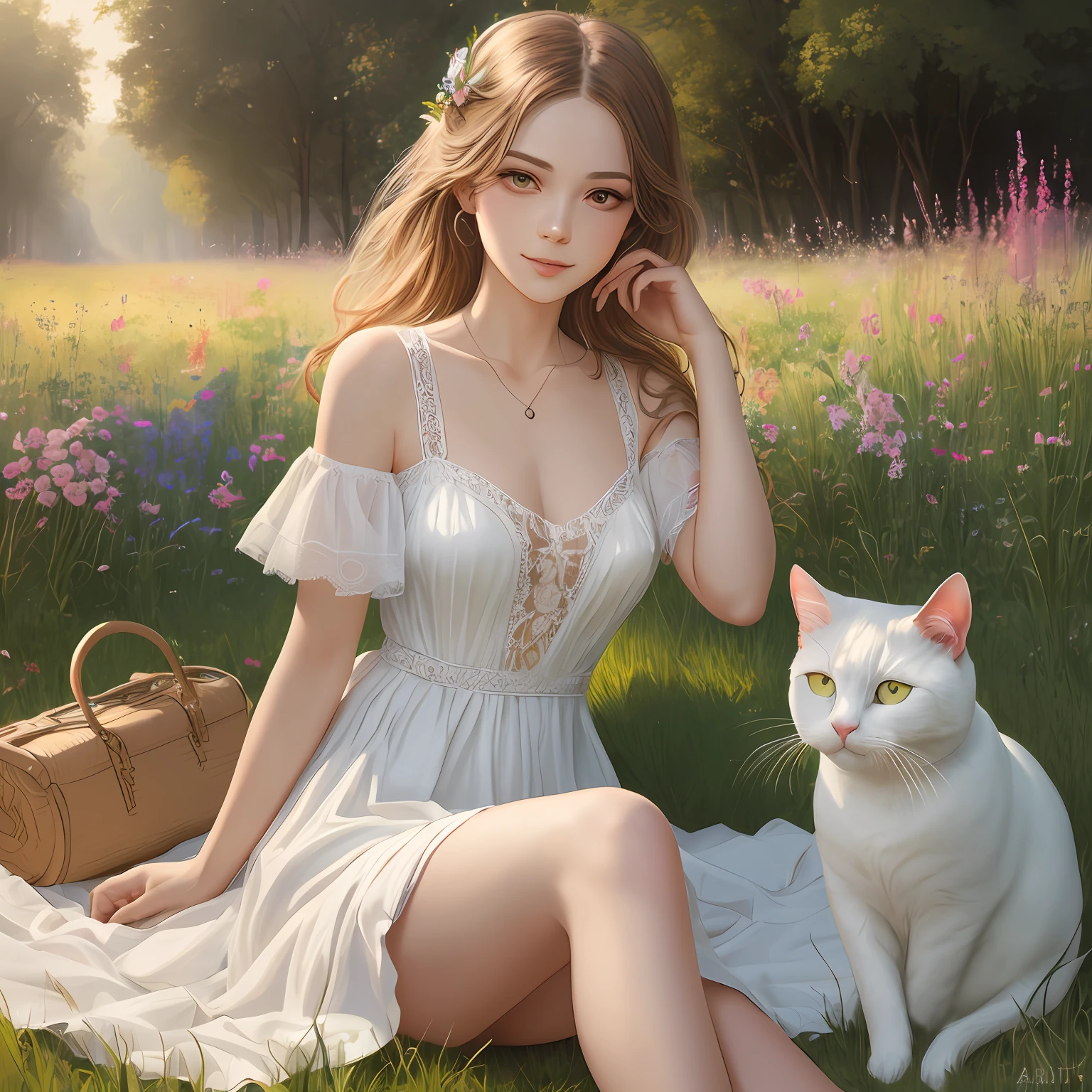 (Ultra Real), (Illustration), (High Resolution), (8K),Petite Body, (Very Detailed), (Best Illustration), (Beautiful Detailed Eyes), (Best Quality), (Super Detail), (Masterpiece), (Desktop Wallpaper), Beautiful Face, (Detailed Face), (Detailed Face), Clear facial features, Milky white, fair skin, High detail skin, Realistic skin details, Visible pores, (Dynamic pose), sitting on the grass next to a lazy white cat 1 girl, Art by John Collier and Albert Obright and Krenz Kusatt and Artem Demura, brightly colored, shallow smile, camelto, half-body, perfect scale , open shoulder dress: 1.5, meadow of the estate, side light, ray luminescence, optical