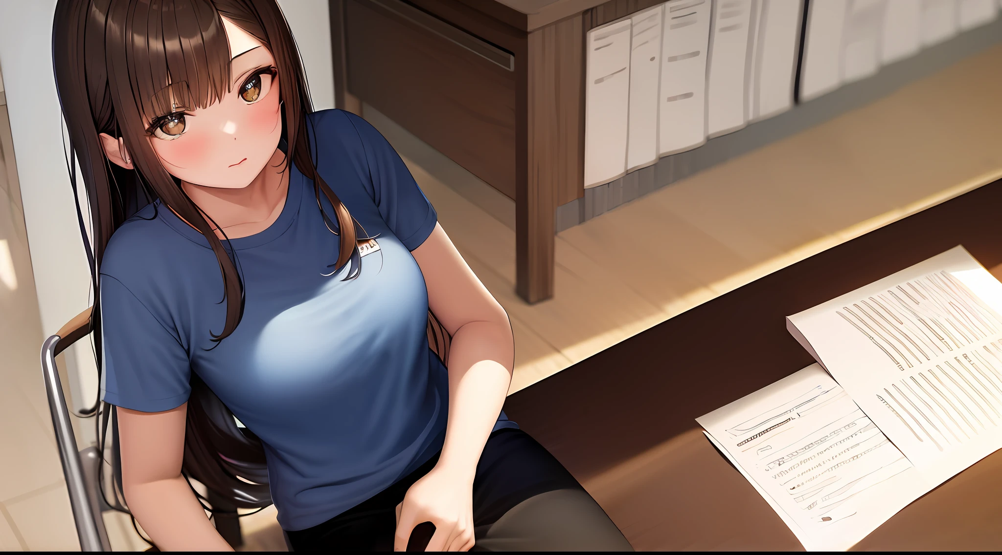 masterpiece, best quality, high resolution, one girl, loose t-shirt, girl sitting on chair studying drafting at desk, horizontal angle, studying, paperwork, brown hair, good luck studying, drafting, bob hair, 20 years old