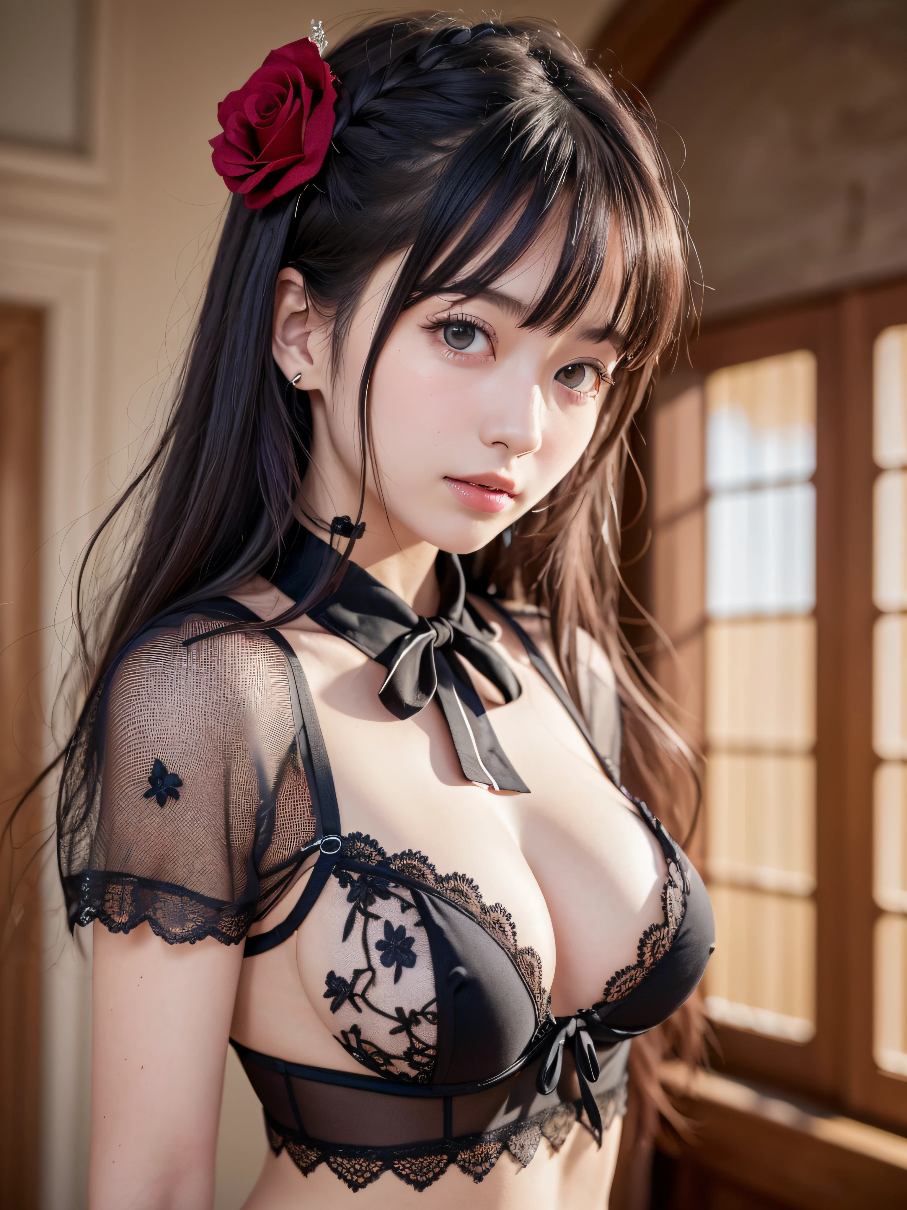 (realistic, photo-realistic:1.37), incredibly absurdres, (insanely detailed:1.3), 8k, (masterpiece), (best quality:1.4), (ultra high res:1.2), (RAW photo:1.2), ultra detailed background, (unity 8k wallpaper), 1 nogizaka girl, utterly cute, bishojo, , (hime-kei bra and panties), an exquisitely detailed and beautiful face and eyes and skin, detailed black shine hair, medium breasts, cleavage, elegant frills, frilled tie, ribbon tie, rose hair accessory, a bra and panties with delicate and beautiful rose pattern, soft fabric, smile at the camera, cowboy shot, castles scenery in europe, professional lighting