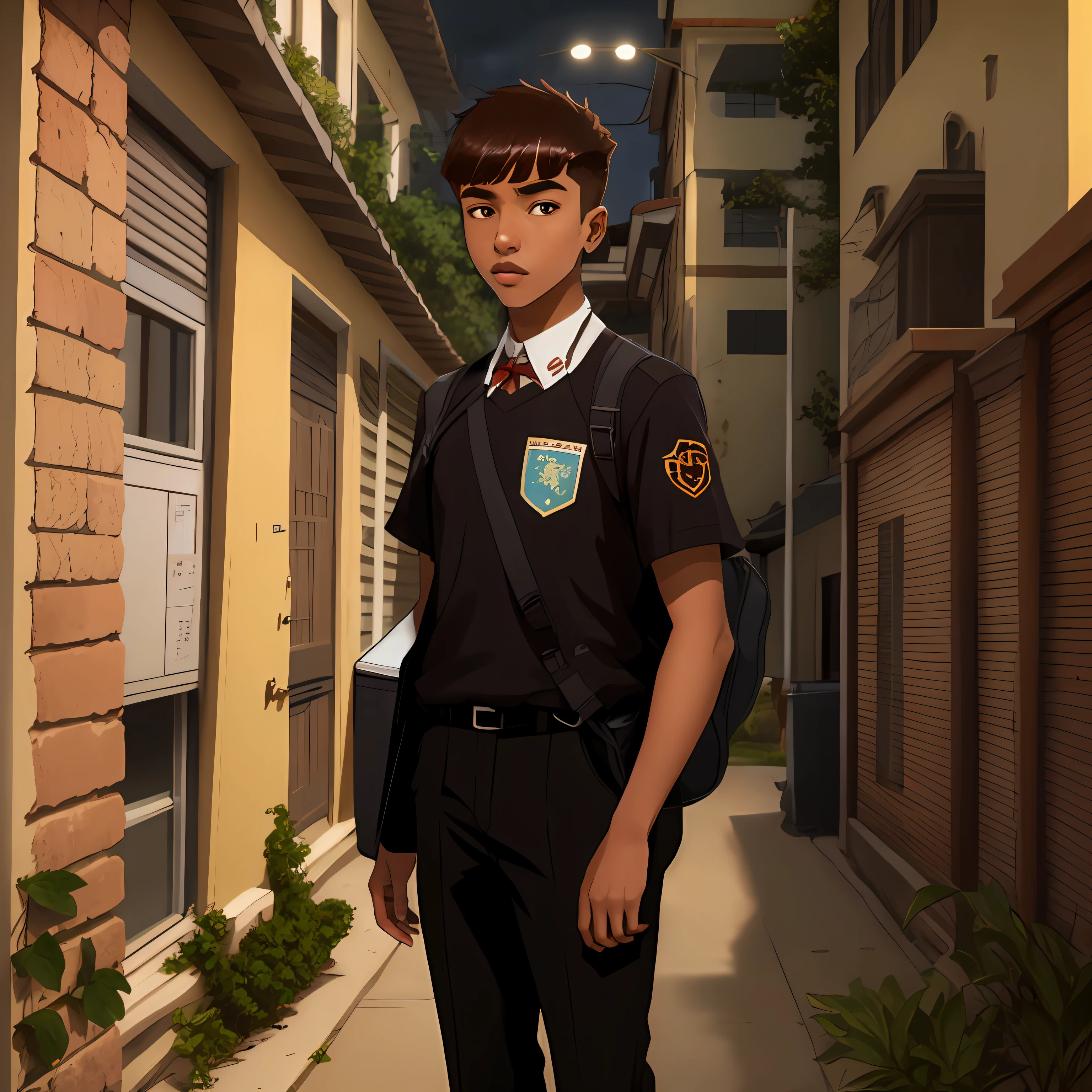 Young high school boy, brown skin, Brazilian, brown hair with bangs