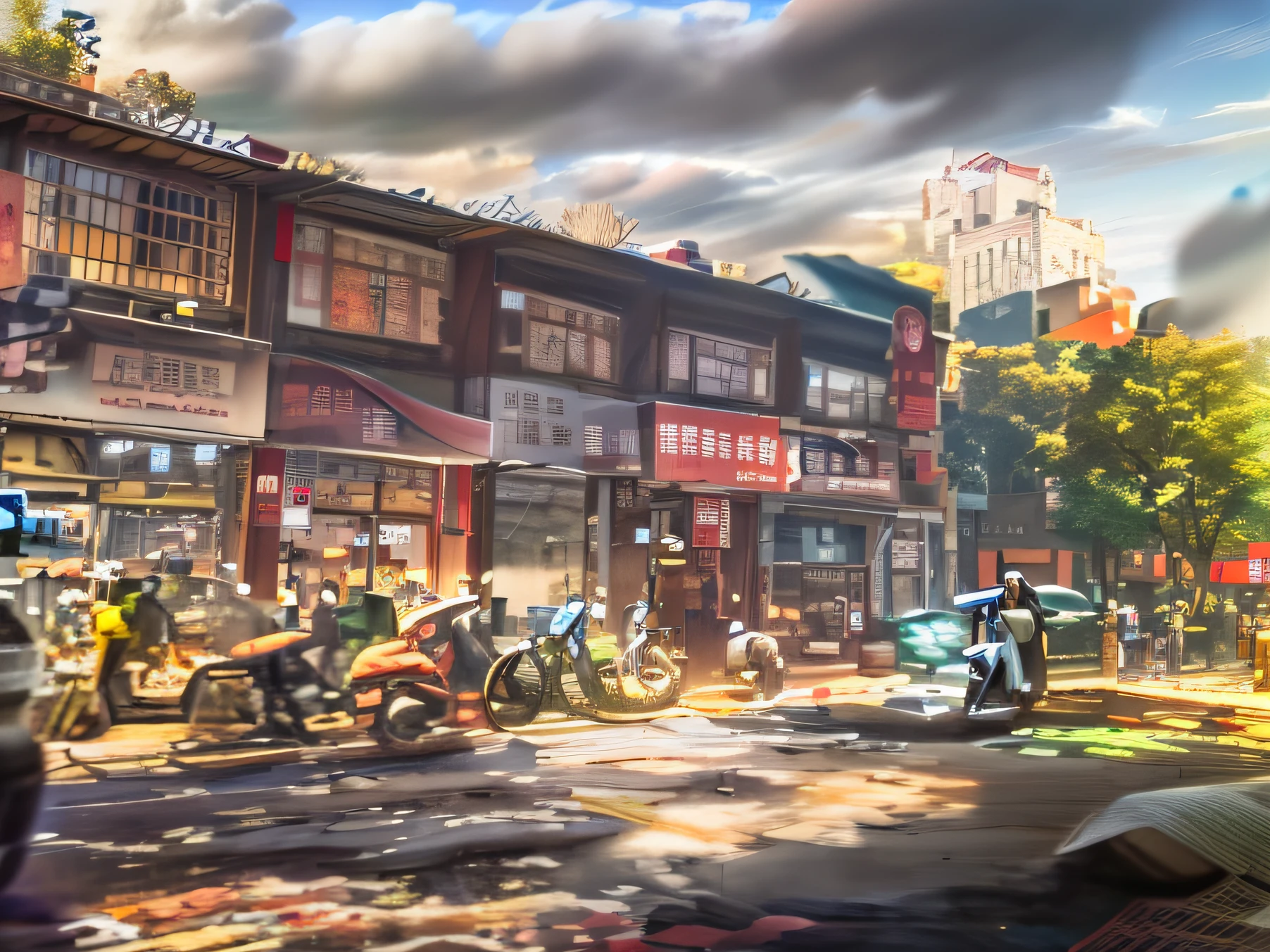 motorcycles parked on the side of the road in front of a building, overlaid with chinese adverts, lots of shops, city street view background, street level view, photograph of the city street, overlaid with chinese text, the neat and dense buildings, old shops, house's and shops and buildings, storefronts, one motorbike in center of frame --auto