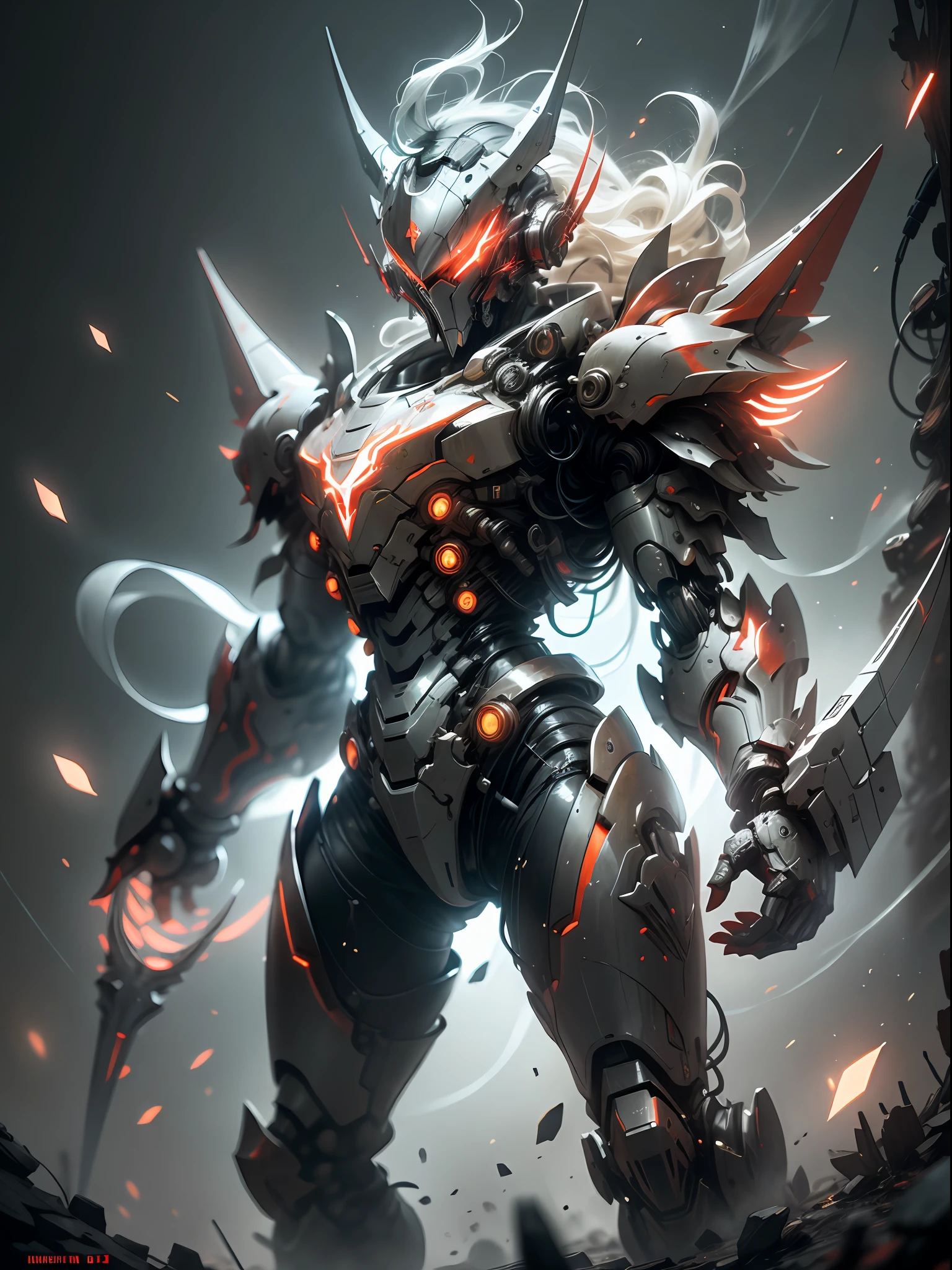 Ghost hunter in red armor, super cool ghost killer, wearing red mechanical armor, red claws, perfect body proportions, play lightning, super detail, realistic, shiny, reflective, bioluminescence, galactic cybernetic mask, mecha, (executioner: 1.2), cape, SH4G0D, GlowingRunes_red, full body, movie, dark background, backlight, high contrast,