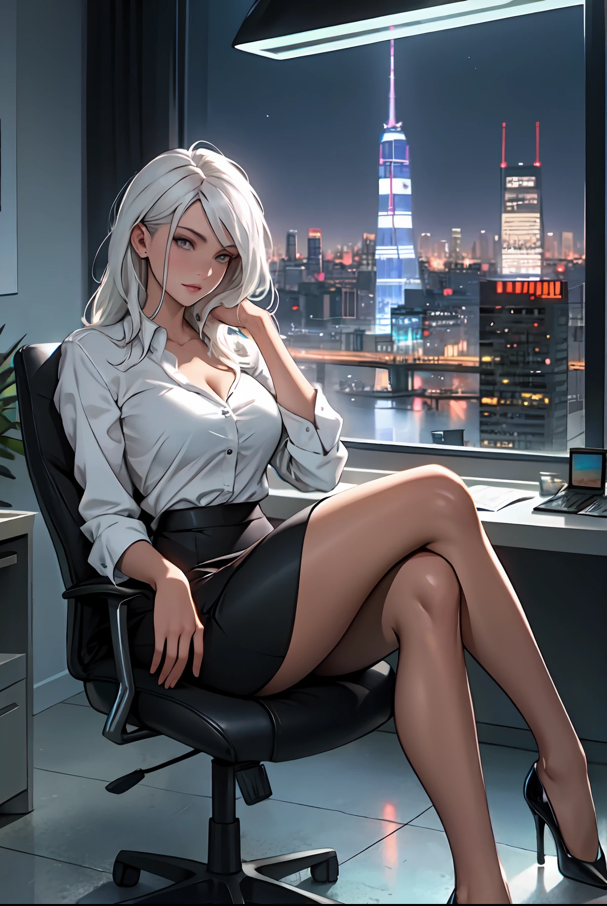 Woman wearing business outfit, formal blazer, white blouse, heels, black high waist business skirt, beautiful, masterpiece, best quality, extremely detailed face, perfect lighting, nice hands, perfect hands, (white hair:1.2), long hair, (grey eyes:1.2), slender build, long legs, thin, medium breasts, business woman, ceo, sitting in luxurious black leather office chair, glass wall with view of nighttime city skyline in background