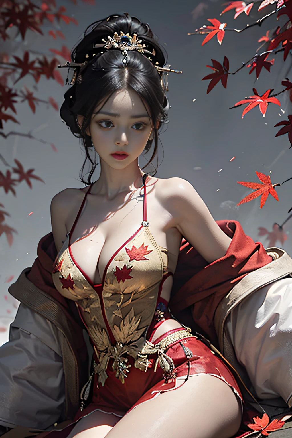 Official Art, Unity 8k wallpaper, ultra-detailed, beautiful, beautiful, masterpiece, best quality, mystery, romanticism, horror, literature, art, fashion, tang dynasty era, decoration, intricate, embroidery, red hanfu, red tulle jacket, 1 girl, big breasts, black hair, red headband, red hairpin, sad, fatalistic, bust composition, dramatic composition, movie lighting, dynamic perspective, sexy, bare thighs, bare shoulders, full of temptation, red maple forest, maple leaves falling, Red maple background, cloudy mist, dramatic composition,
