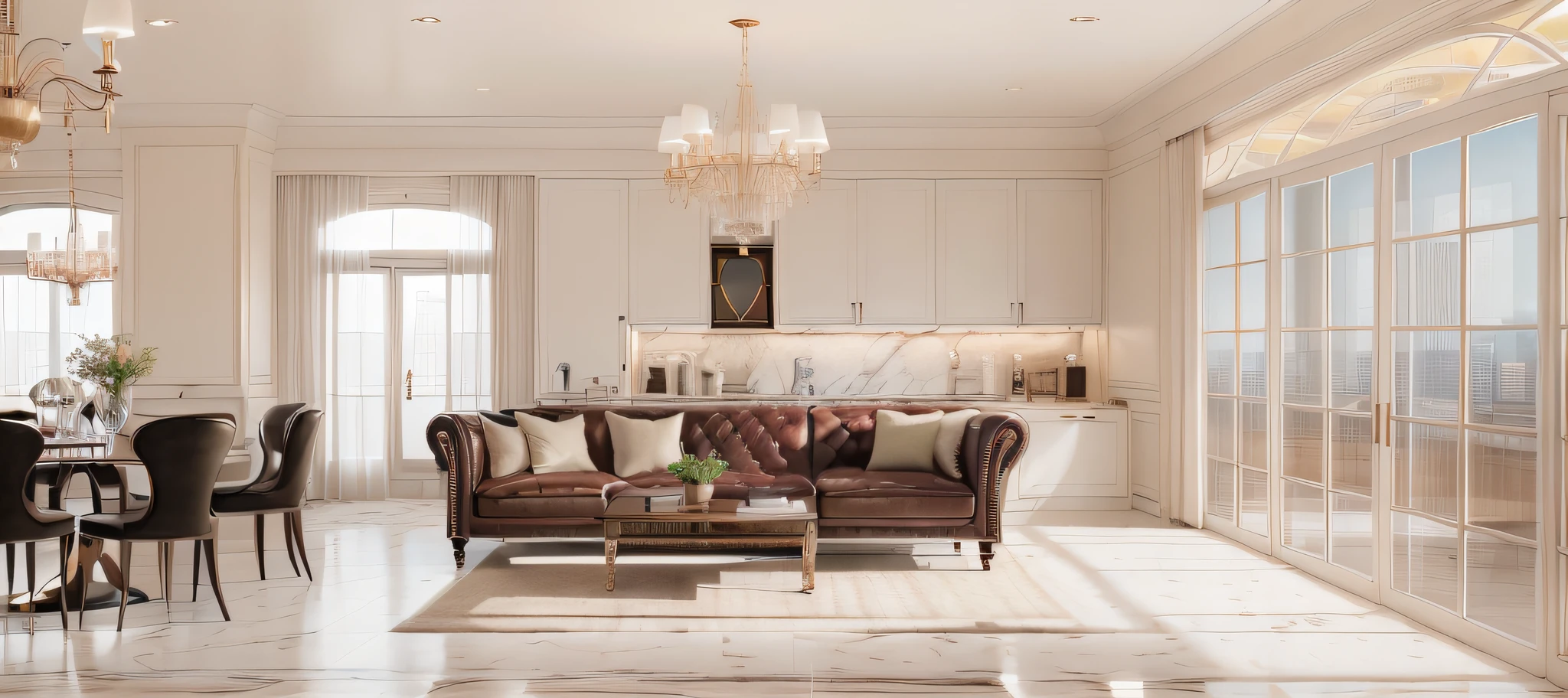 Modern living room design, luxurious interior, ((high resolution image, 8k, detailed anatomy of each object, rough surface, super detailed, super realistic, beautiful) spotless , surreal , spacious space , full light , window view of the most populous shopping mall in Shanghai .