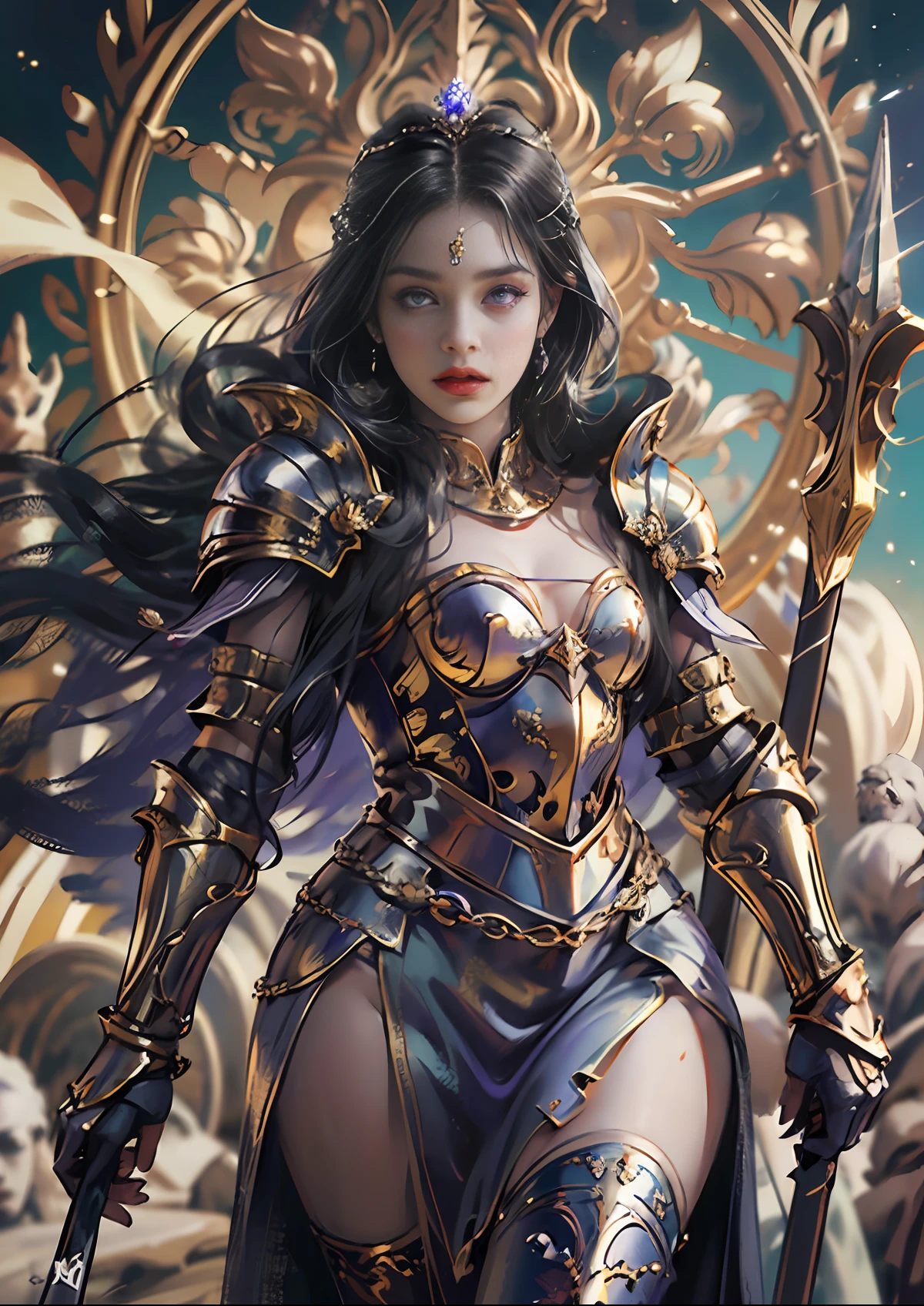 16K, Best Quality, High Definition, Masterpiece, Renaissance, Goddess, Film Lighting, Black Hair, Knight Armor, Sexy, Queen, Purple Eyes, Athena, Laurel Hair Ornament, Strong and Noble, Cosmic, Greek, Elegant Style, Delicate Skin, Holding a Spear, Silver Armor, Goddess of Wisdom, Goddess of War, One Man