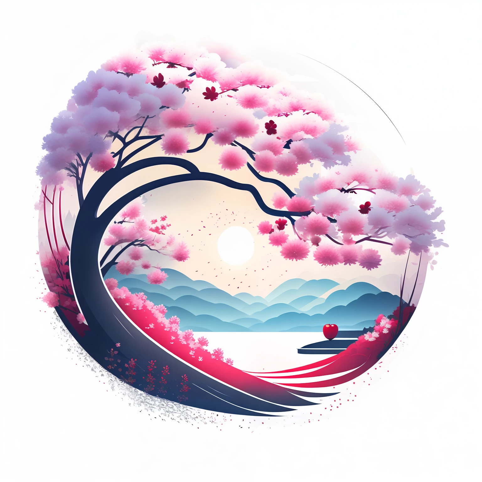 A cherry blossom tree in spring landscape, t-shirt design, rzminjourney, vector art, circular silhouette, white background