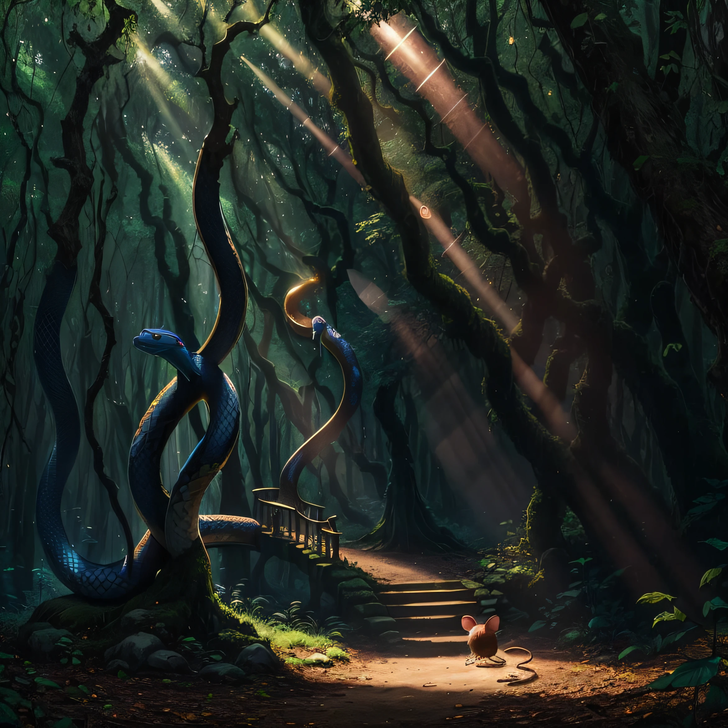 In an enchanted forest, where the sun's rays created a spectacle of color among the trees, the snake Cleo glided gracefully while the little mouse Roderick explored the hidden secrets. Fate had reserved a magical encounter that would transform their lives forever. --auto