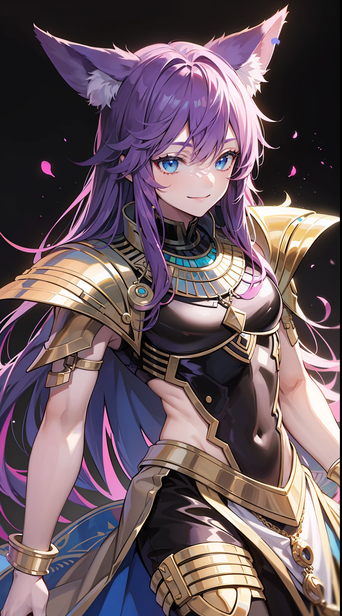 Young ebony boy, long purple hair, jackal ears, blue eyes, pharaoh's clothes, smile, open torso, masterpiece, high quality
