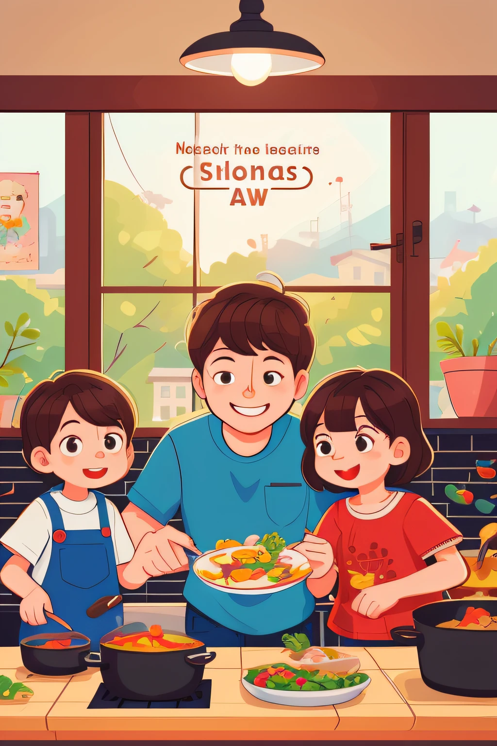 Family around the stove, perfect quality, happy cartoon, hd illustration, exciting illustration, flat illustration, cartoon illustration, children's book illustration, detailed 2D illustration, commercial illustration, children's book illustration, full color illustration, 2D illustration, (masterpiece: 1.2) (bokeh) (best quality) (intricate details) (8K) (detail eyes) (sharp focus), (happy)