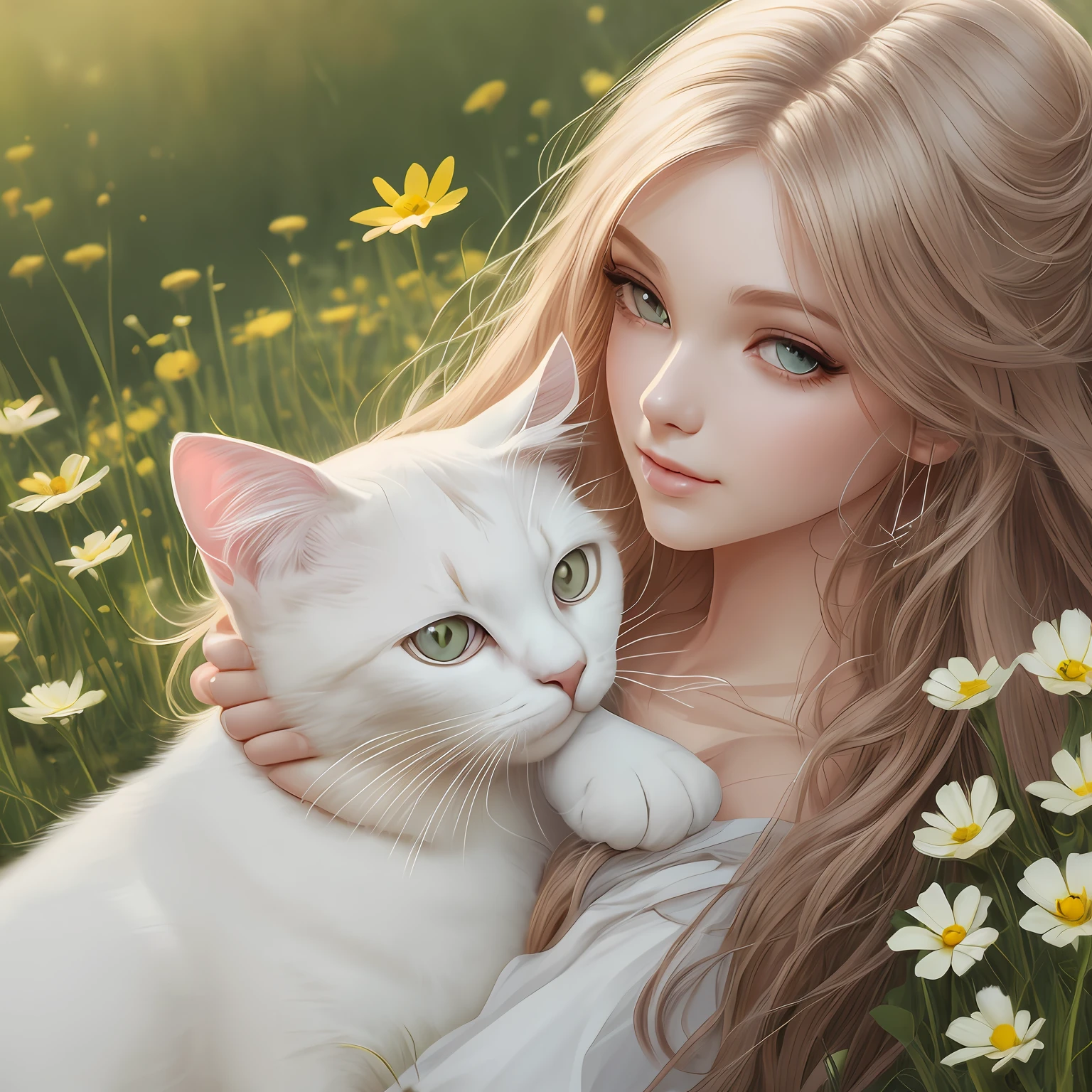 (Ultra Real), (illustration), (High resolution), (8K),Petite body, (Very detailed), (Best Illustration), (Beautiful and Detailed Eyes), (Best Quality), (Super Detail), (Masterpiece), (Desktop wallpaper), Beautiful Face, (Detailed Face), (Detailed Face), Clear facial features, Milky white, fair skin, High detail skin, Realistic skin details, Visible pores, (dynamic pose), sitting on the grass with a white cat in his arms, 1 girl,  Art by John Collier and Albert Obright and Krenz Kusatt and Artem Demura, brightly colored, shallow smile, camelto, half-body, perfect scale , open shoulder dress: 1.5, meadow of the estate, side light, ray luminescence, optical