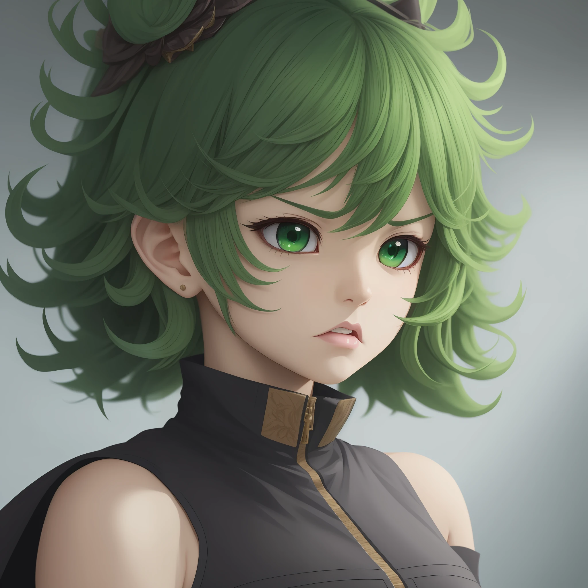 tatsumaki super small Short girl with green hair, angry, anime style, masterpiece, best quality, high quality, high details, super detail, 8k