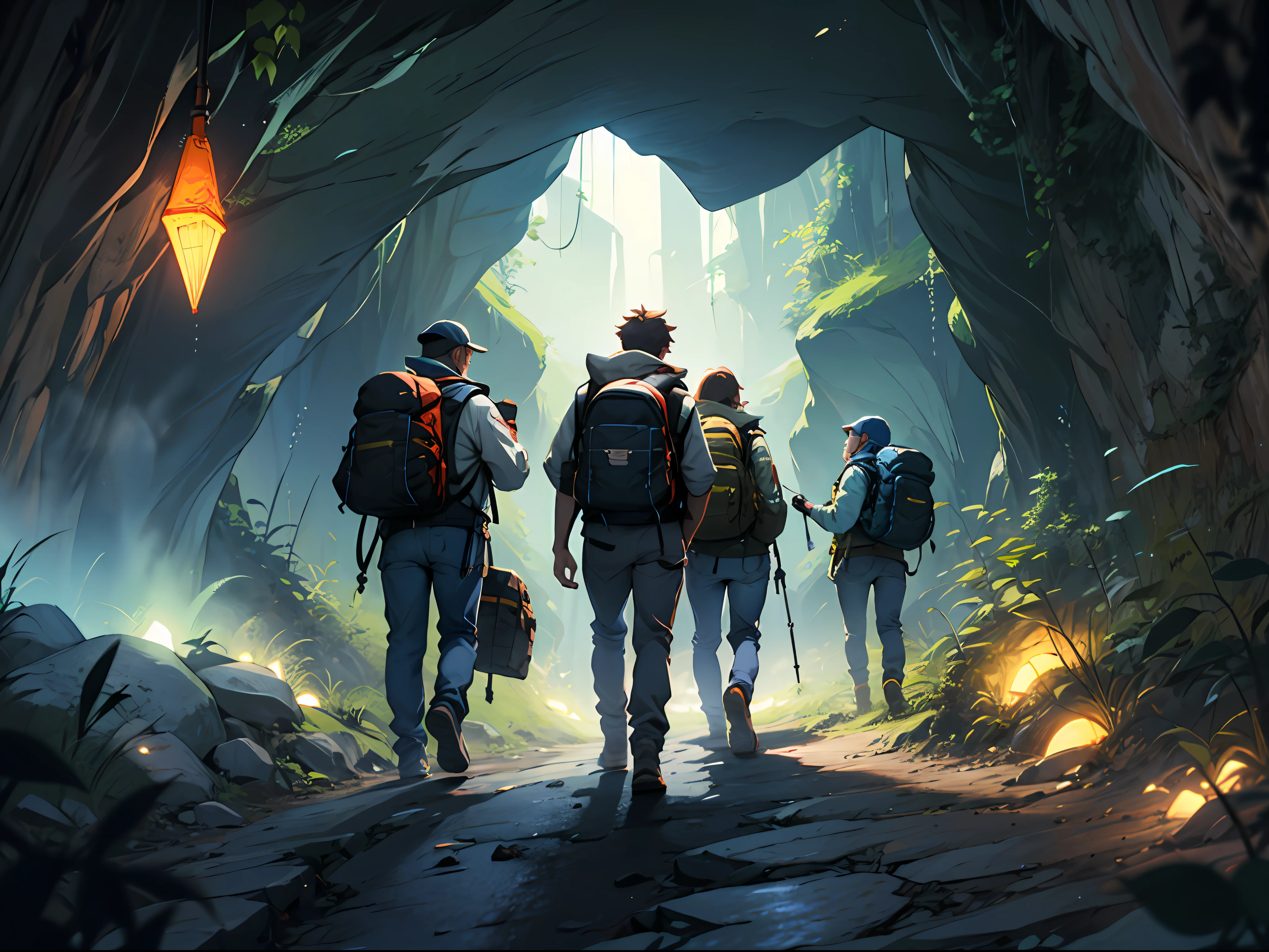 Expedition, four people, cave, headlamp, backpack, tools