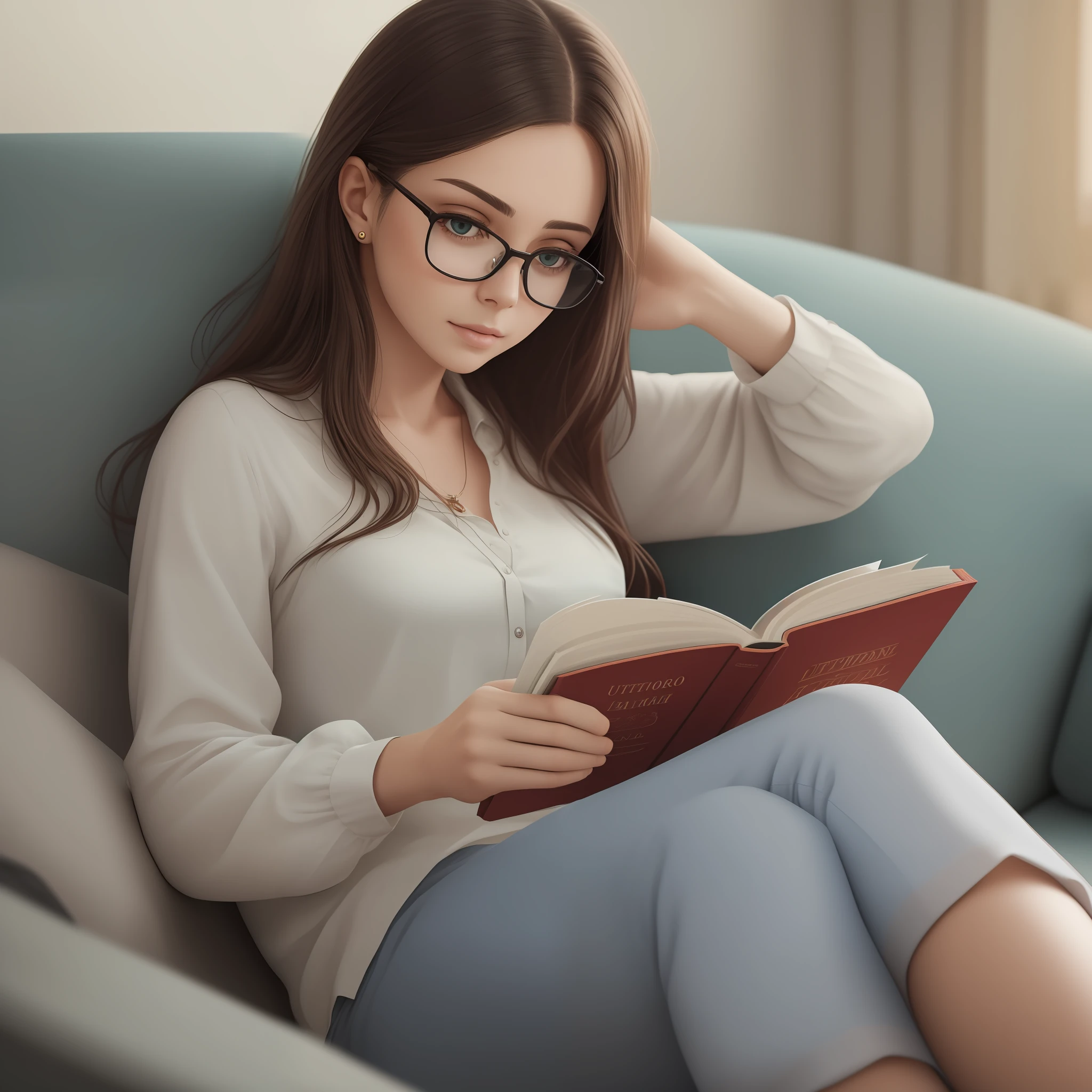Ultra realistic, 4K, bespectacled woman on couch reading a book