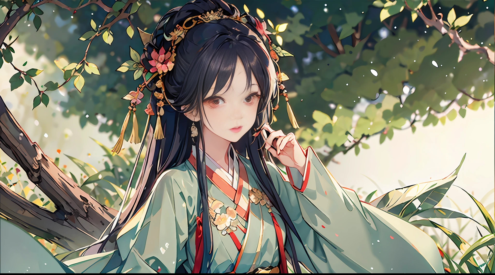 Best image quality, extreme detail, high resolution. A girl with red eyes: , red Hanfu, a peacock next to her, antique style, bedroom