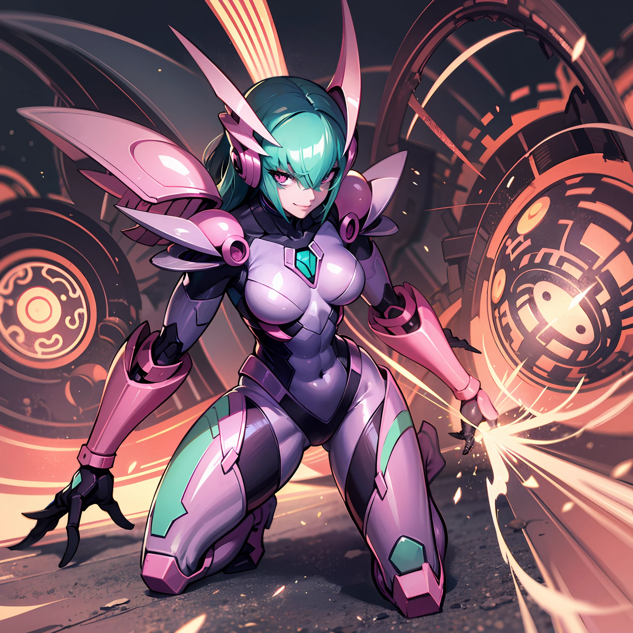 Hot insect shell woman, Guyver style, evil smile, scaraber reploid, bellows tail, cel shade adult animation, alien queen, metroid suit