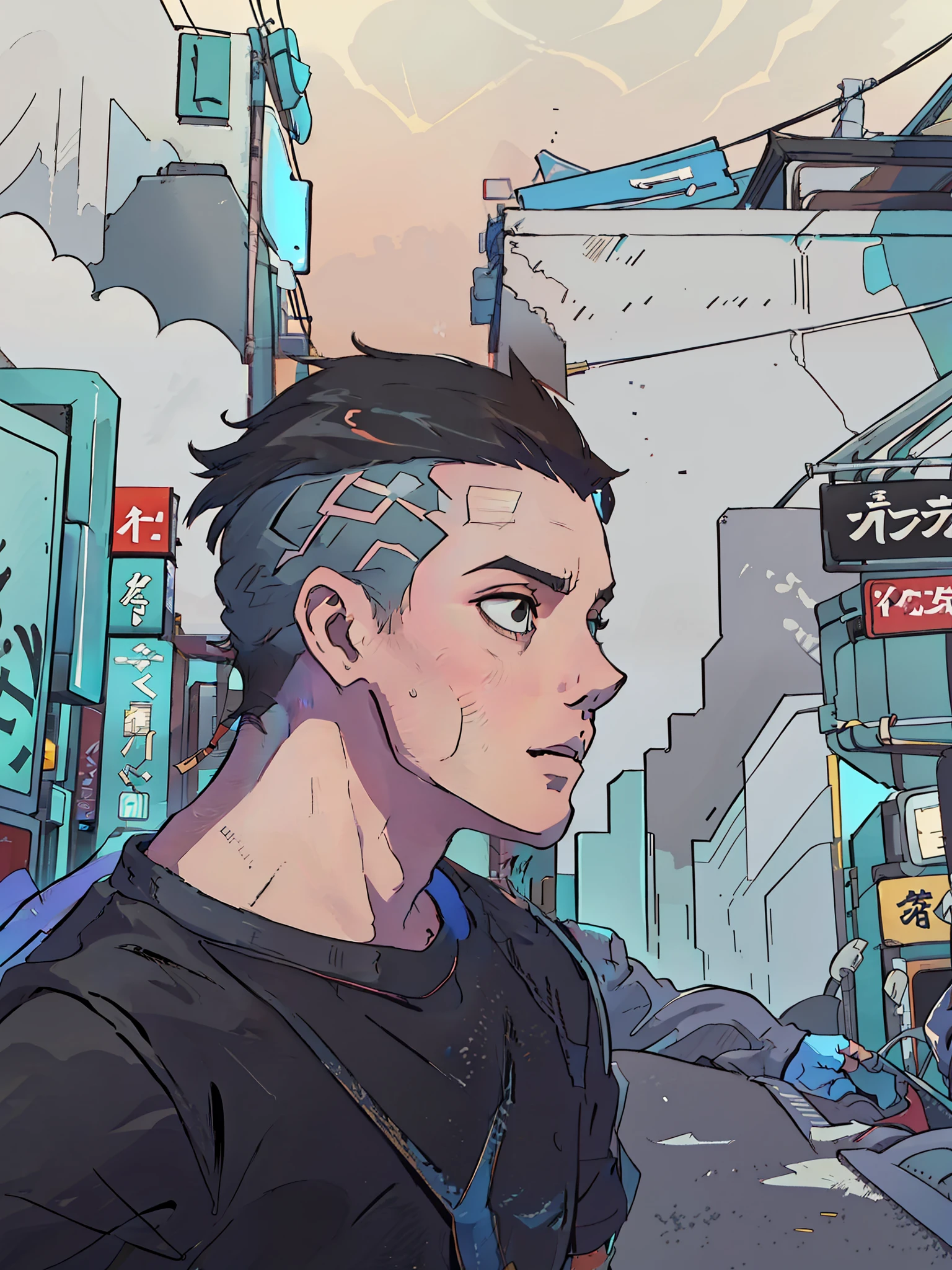 A 20-year-old boy with a Brazilian face and round chin without a beard, short gradient hair, crop haircut, black eyes, no pimples on his face and a black T-shirt with Japanese print written tokyo drift. It's on a night in the alleys of the streets of Tokyo in a cyberpunk style setting, 4k, 2d anime