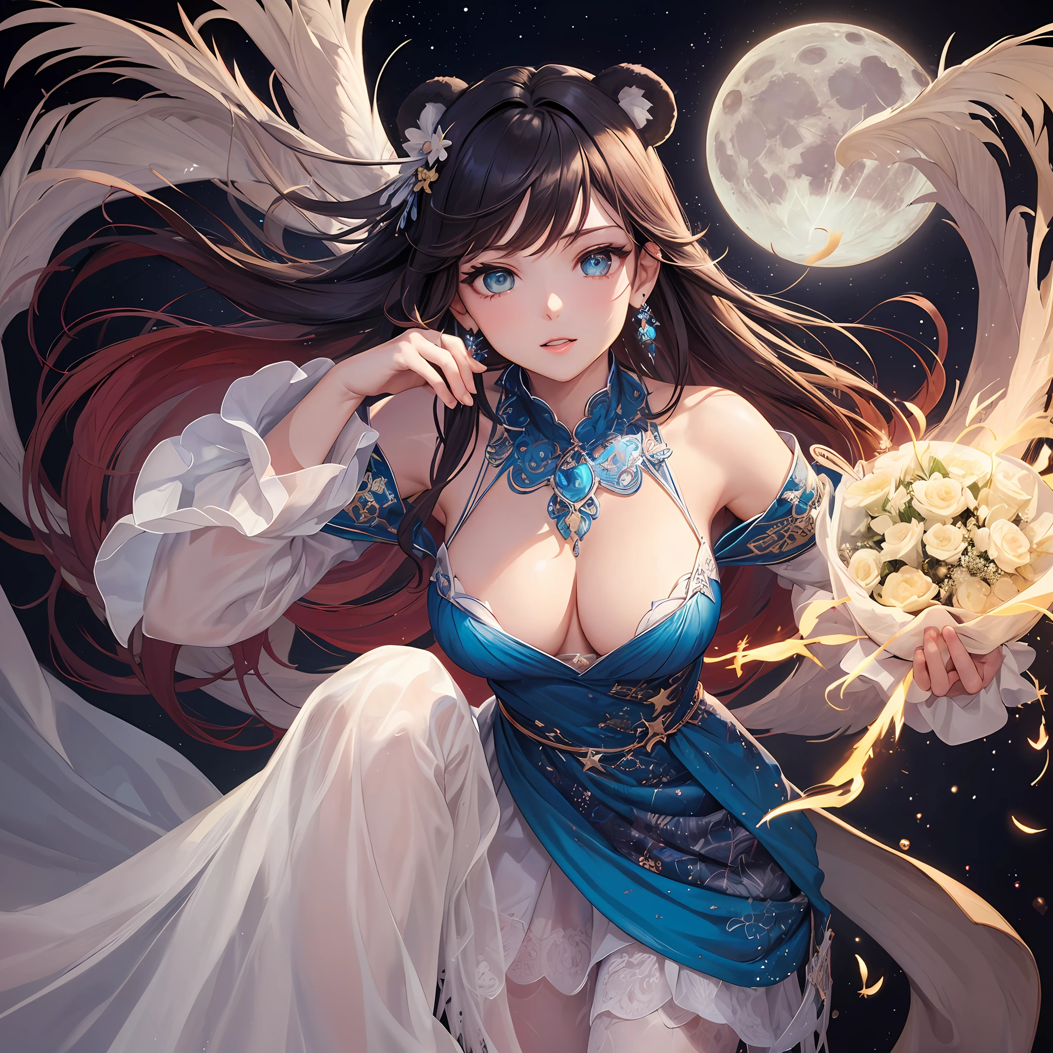 (Masterpiece, Top Quality, Top Quality, Official Art, Beautiful and Aesthetic: 1.2), (1 Girl: 1.3), Very Detailed, White (Fractal Art: 1.1), (Bouquet: 1.3), Supreme Detail, (Zentangle: 1.2), (Dynamic Pose), (Abstract Background: 1.3), (Glossy Skin), (Many Colors: 1.4), (Moon Earrings), (Feathers: 1.5), (Magic Effects:1.3), stars, long dress sleeves, long hair, wrapped in light, vivid background, phoenix dress, vivid eyes, panda ears, morning light