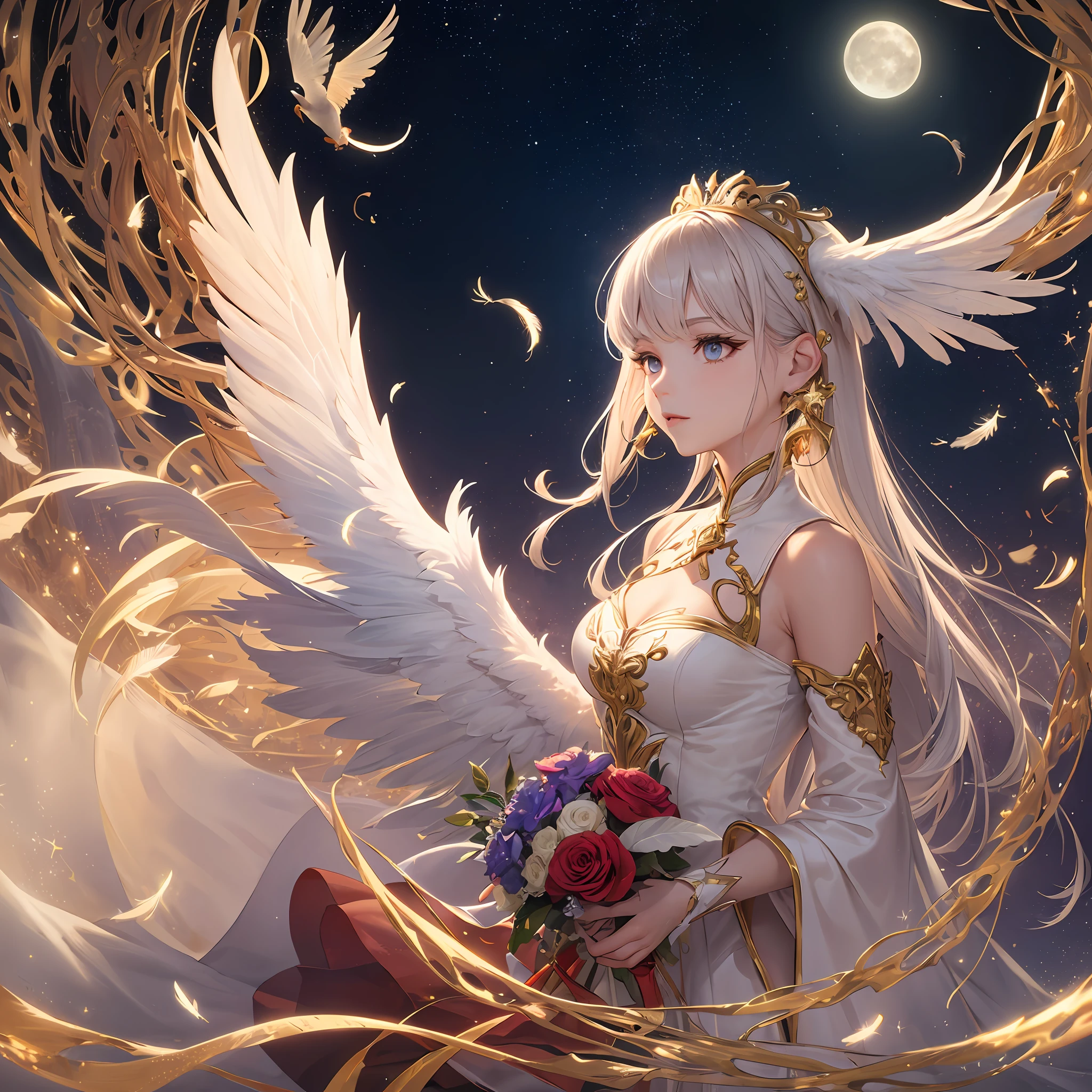 (Masterpiece, Top Quality, Top Quality, Official Art, Beautiful and Aesthetic: 1.2), (1 Girl: 1.3), Very Detailed, White (Fractal Art: 1.1), (Bouquet: 1.3), Supreme Detail, (Zentangle: 1.2), (Dynamic Pose), (Abstract Background: 1.3), (Glossy Skin), (Many Colors: 1.4), (Moon Earrings), (Feathers: 1.5), (Magic Effects:1.3), stars, long dress sleeves, long hair, wrapped in light, vivid background, phoenix dress, vivid eyes, panda ears, morning light