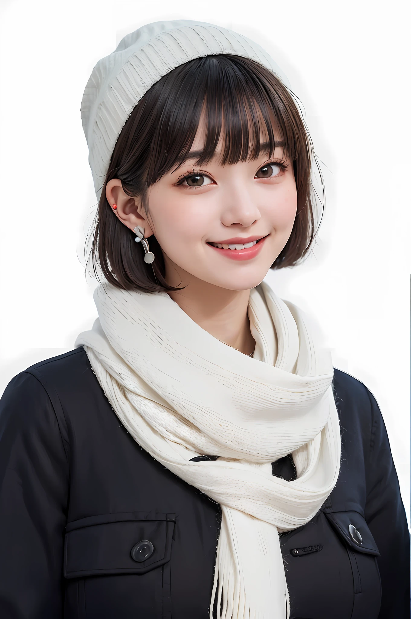 (masterpiece, best quality),1 girl, solo, black hair, scarf, hat, real, real, look at viewer, black eyes, short hair, coat, winter clothes, white scarf, lips, bangs, outdoors, closed mouth, upper body, big eyes, eyelashes, (((really nothing background, really pure white background)), ((short hair with bangs, big eyes, big breasts, staring at the viewer, cute beauty, beautiful beauty, put your ears out, long neck, happy smile, smile with your mouth closed)))