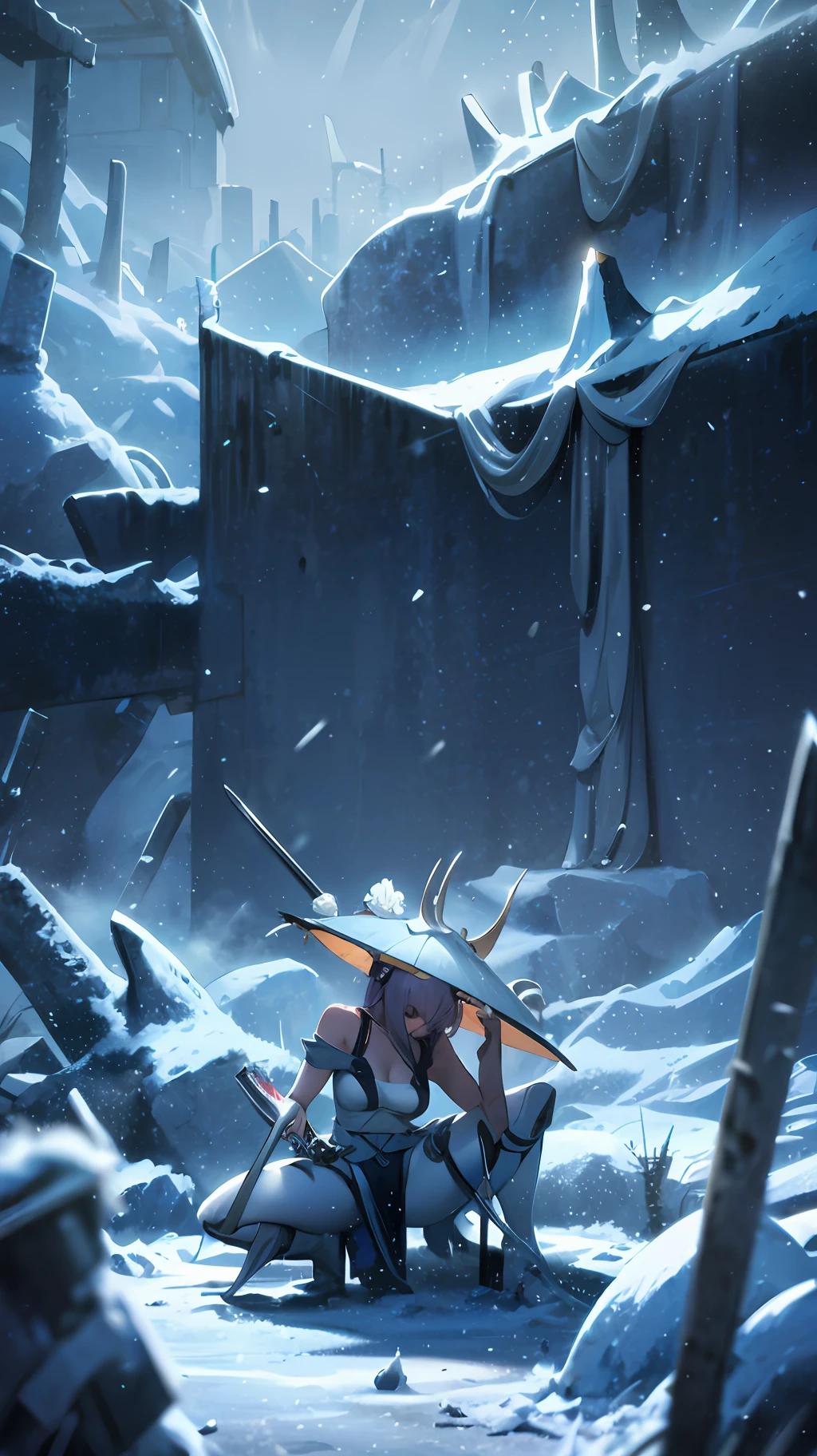 A swordsman leans down to draw a knife, wearing a big hat, movie shots fighting, opening, smoke, scene special effects, background in the ice field, there are ice and snow special effects