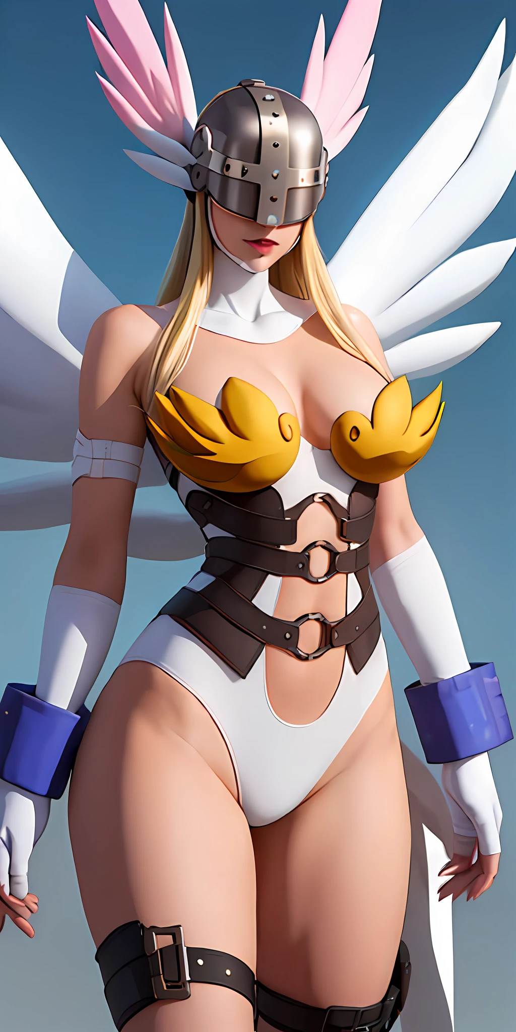 ((ultra high resolution 8k)) the most beautiful girl, the most beautiful of all, pink lips, Digimon\(Angewomon\), transparent fiber helmet, transparent blue helmet, sexy outfit,\(angewomon\),1girl,solo,large_breasts, steampunk