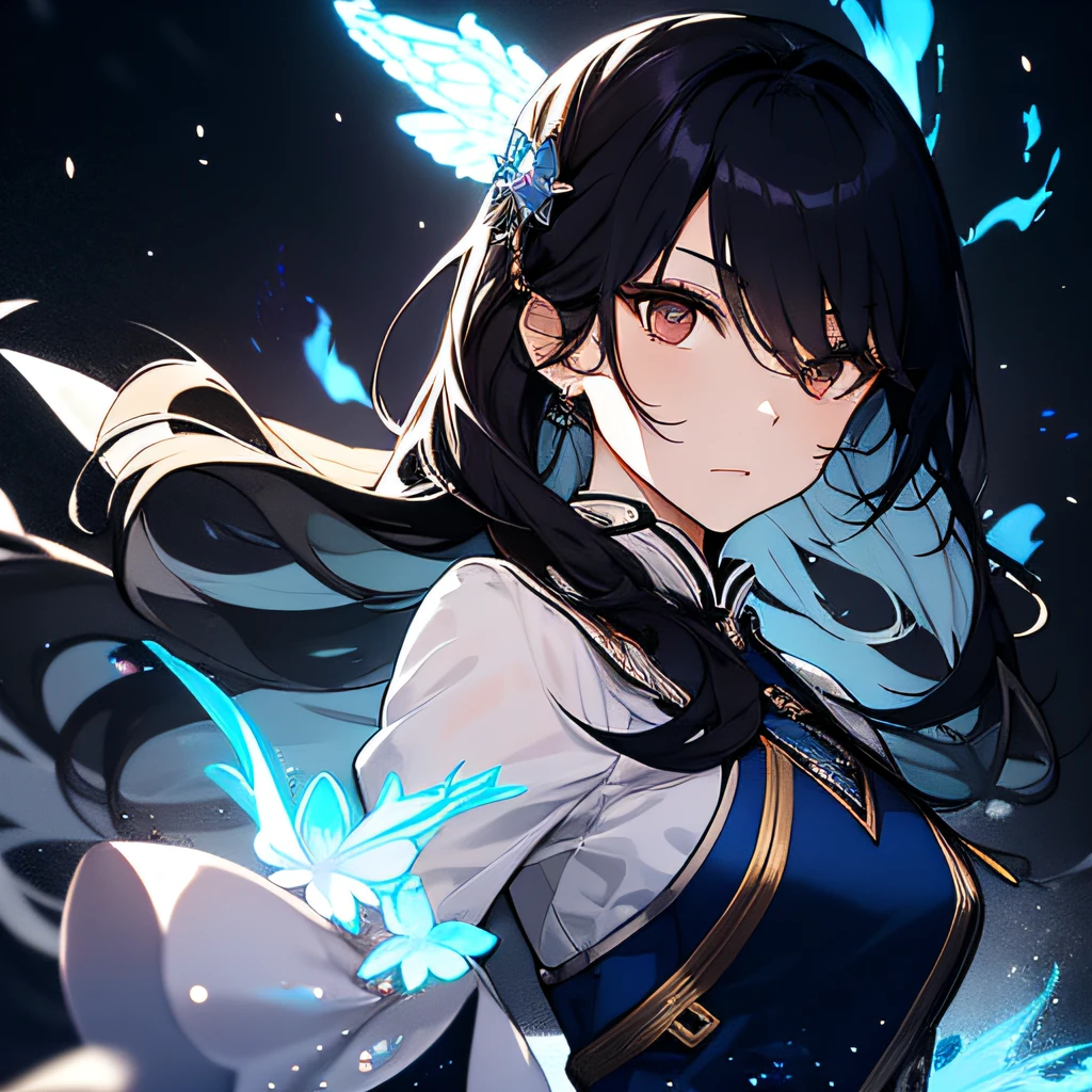 (Xiao Qing, 20 years old woman), long black hair, ancient blue fairy costume, floating in the air, serious expression, fantasy background, high wide lens, blue flame effect