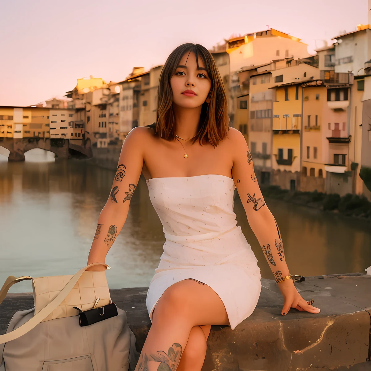 arafed woman sitting on a wall with a bag and a handbag, with tattoos, in the sunset, summer evening, at the sunset, florence, gorgeous lady, on a bridge, gorgeous woman, infp young woman, during golden hour, in the evening, during a sunset, tube-top dress, in the city, girl sitting on a rooftop --auto