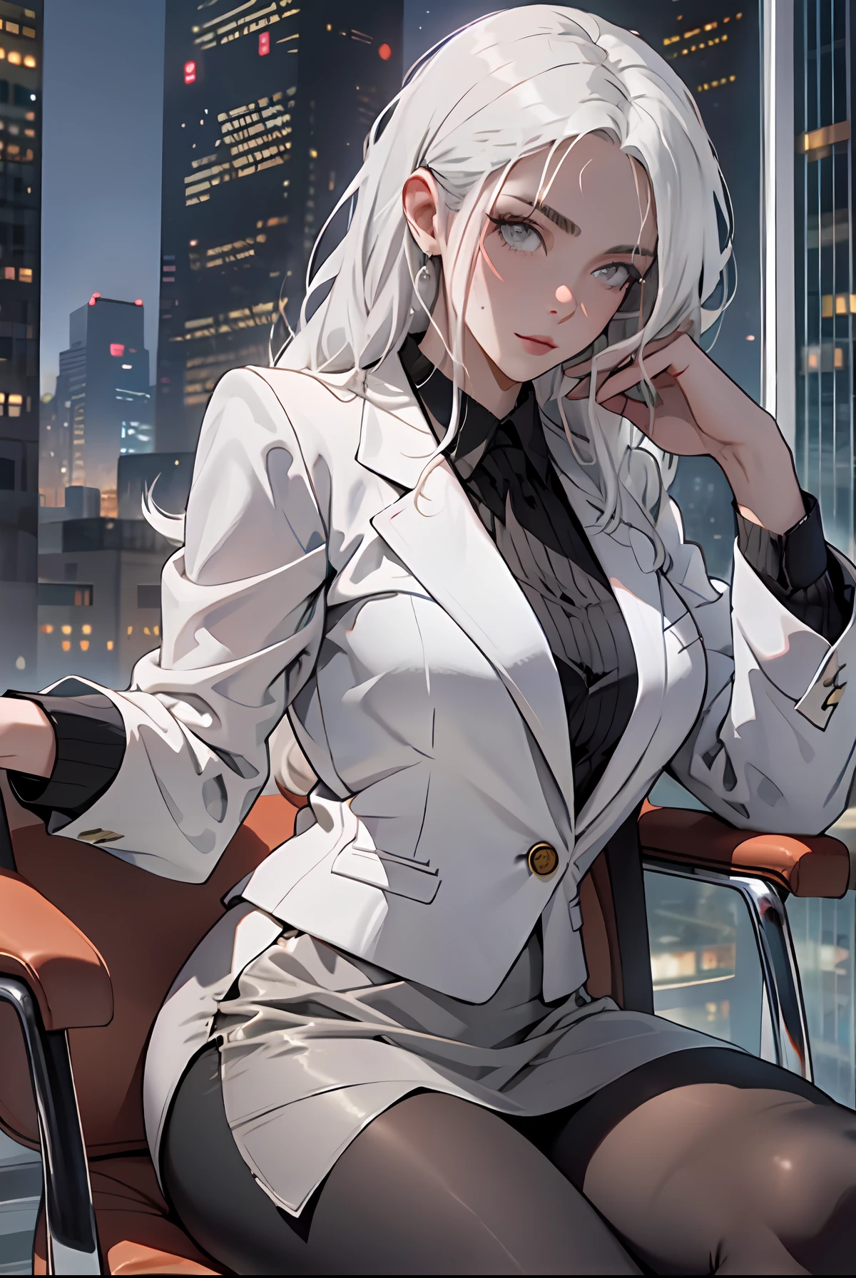 Woman wearing business outfit, formal blazer, white blouse, heels, black high waist business skirt, black sheer leggings, beautiful, masterpiece, best quality, extremely detailed face, perfect lighting, nice hands, perfect hands, (white hair:1.2), long hair, (grey eyes:1.2), slender build, long legs, thin, medium breasts, business woman, ceo, sitting in luxurious black leather office chair, glass wall with view of nighttime city skyline in background