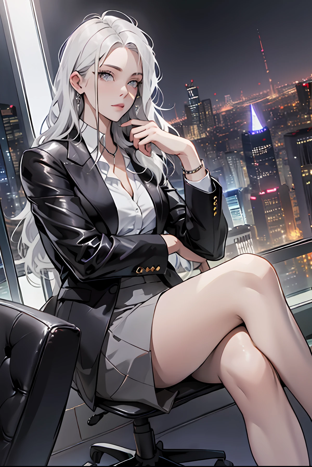 Woman wearing business outfit, formal blazer, white blouse, heels, black high waist business skirt, beautiful, masterpiece, best quality, extremely detailed face, perfect lighting, nice hands, perfect hands, (white hair:1.2), long hair, (grey eyes:1.2), slender build, long legs, thin, medium breasts, business woman, ceo, sitting in luxurious black leather office chair, glass wall with view of nighttime city skyline in background